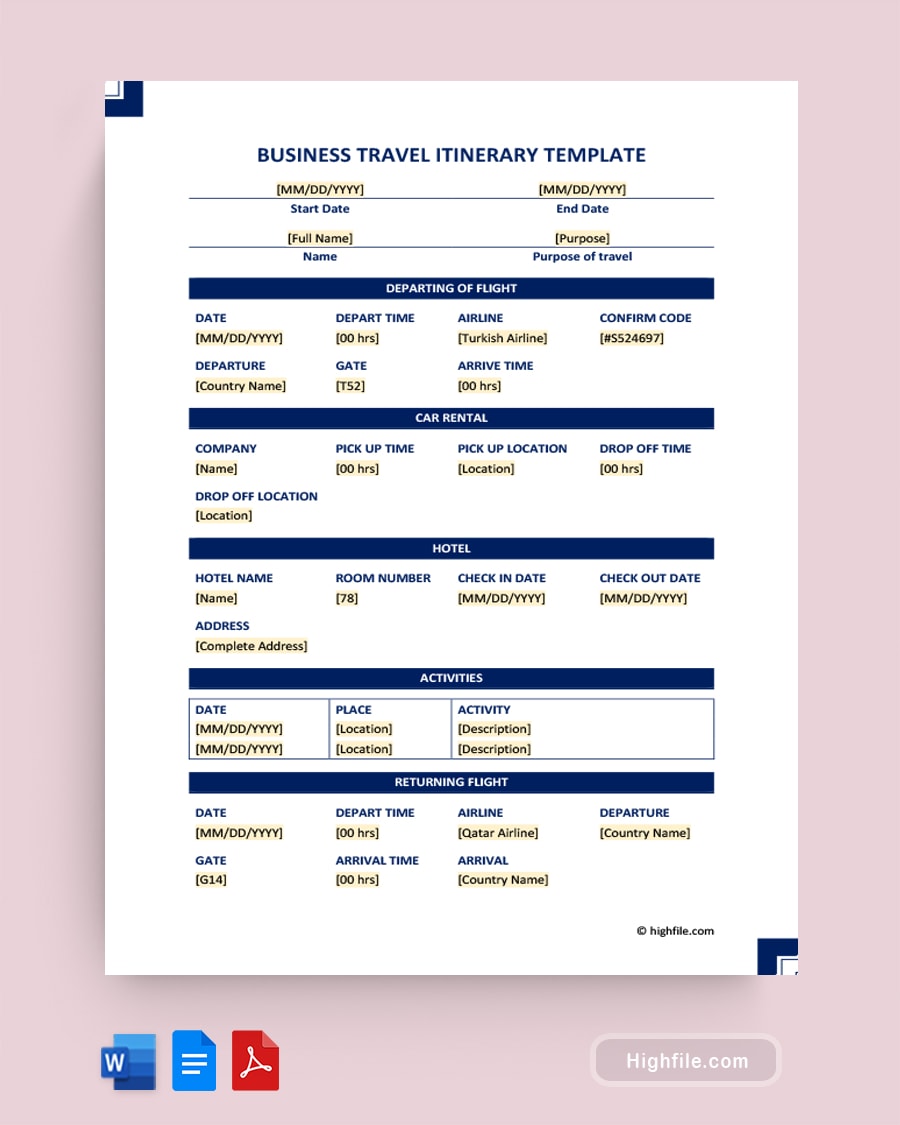 Free Business Travel Itinerary Template Word PDF Google Docs Free Business Travel Itinerary Template Word PDF Google Docs