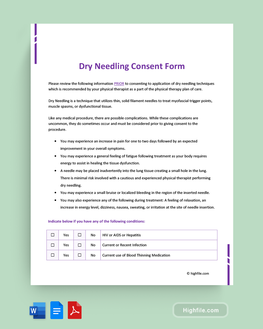 Dry Needling Consent Form Word PDF Google Docs