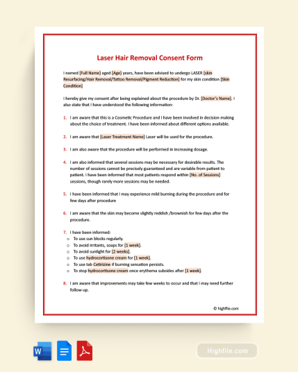 Laser Hair Removal Consent Form - Word, PDF, Google Docs