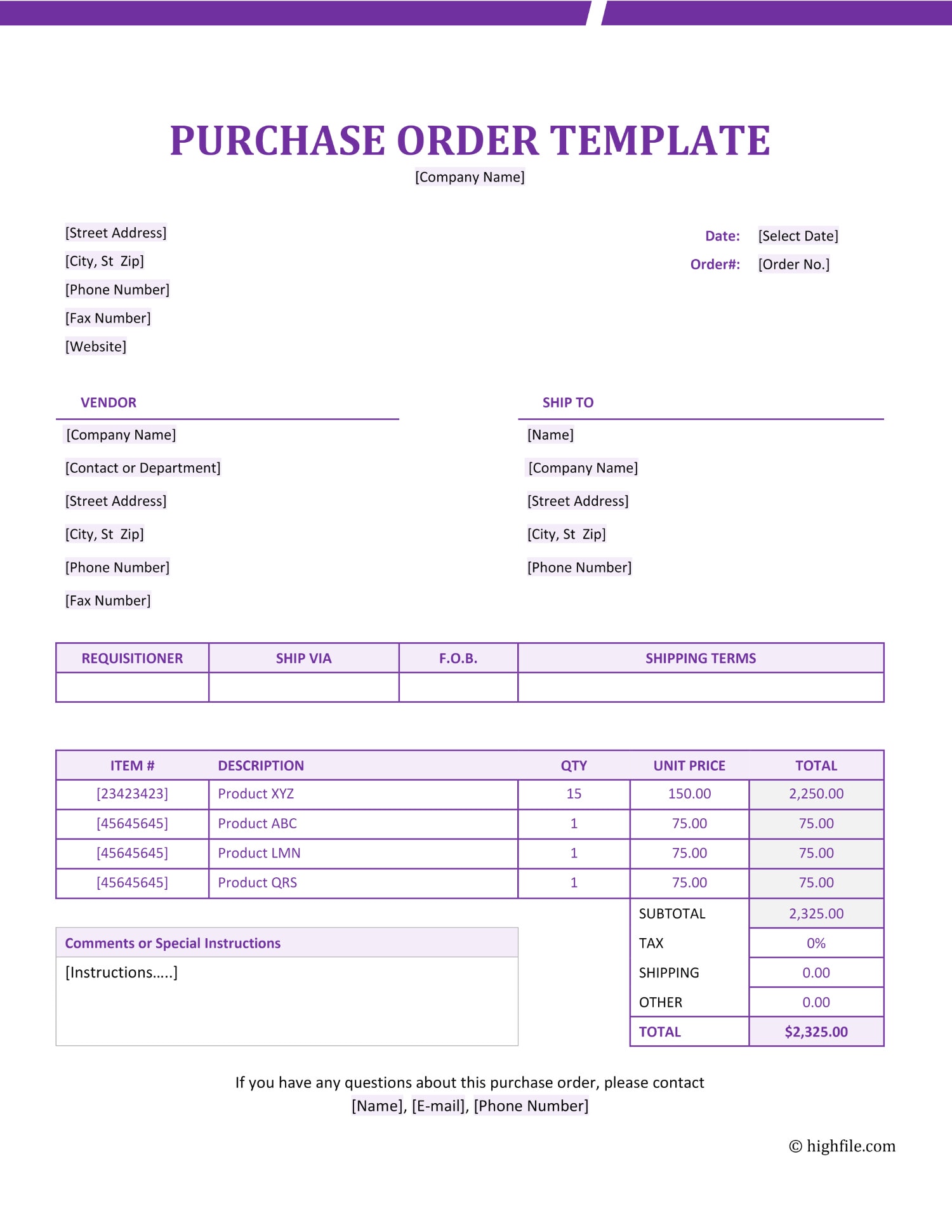 Free Purchase Order Template Word Excel PDF Docs Sheets