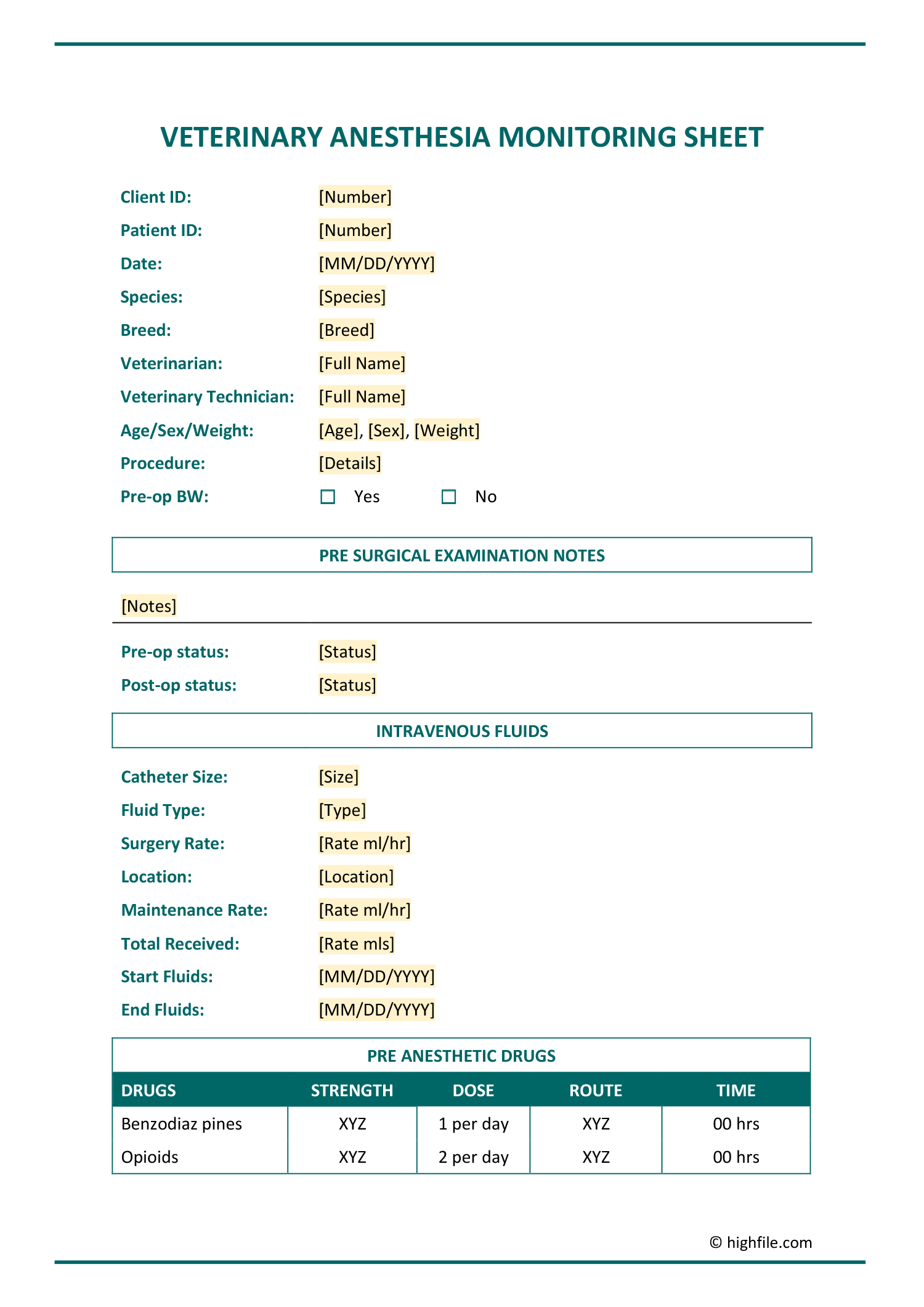 Veterinary Anesthesia Monitoring Sheet - Word | PDF | Google Sheet