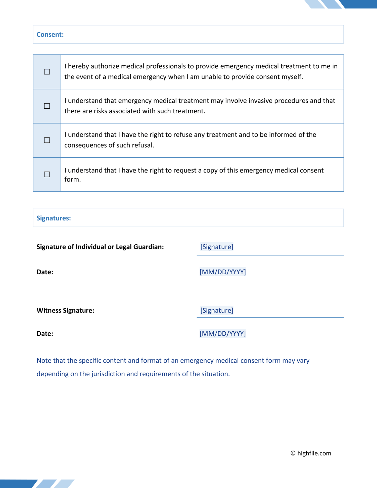 Emergency Medical Consent Form - Word | PDF | Google Docs for Free Printable Emergency Medical Consent Form