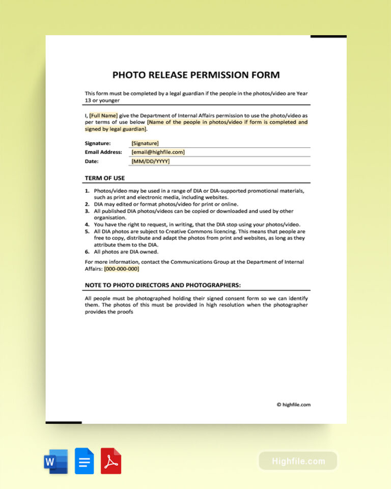Photo Release Consent Form Word PDF Google Docs Highfile Photo Release Consent Form Word PDF Google Docs Highfile
