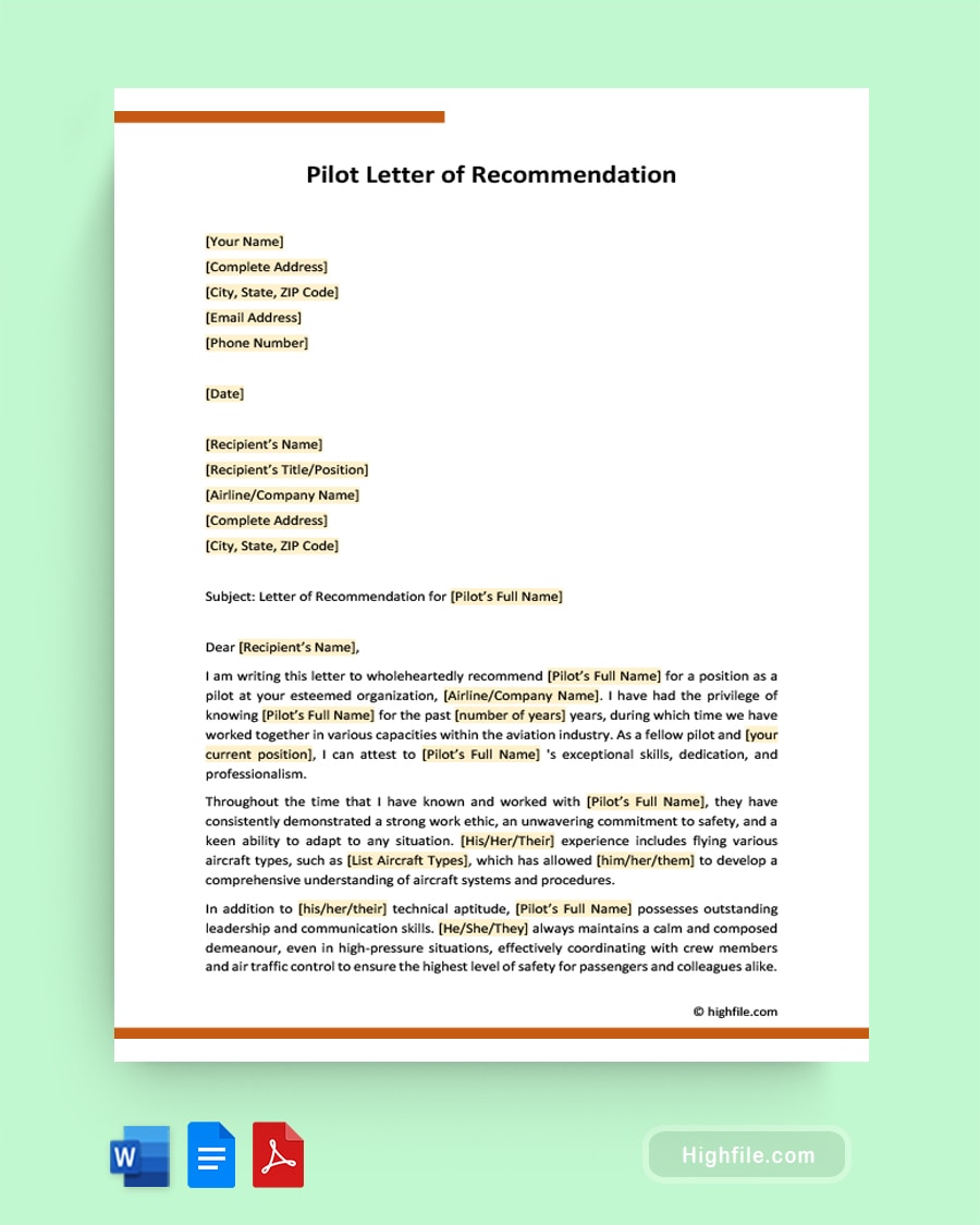 Pilot Letter of Recommendation - Word | PDF | Google Docs - Highfile