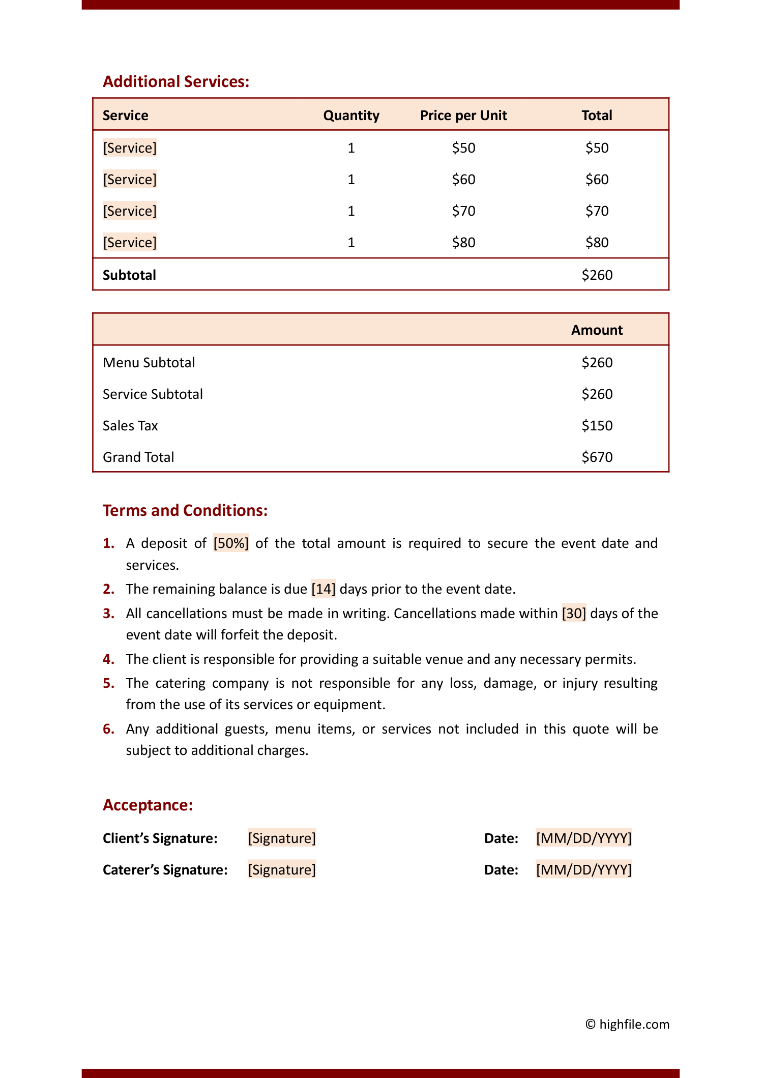 Catering Quote Template - Word | Excel | PDF | Google Docs | Google ...