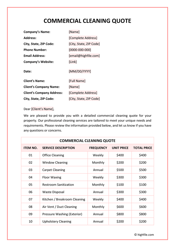 Residential Cleaning Quote Template Word PDF Google Docs Highfile Residential Cleaning Quote Template Word PDF Google Docs Highfile