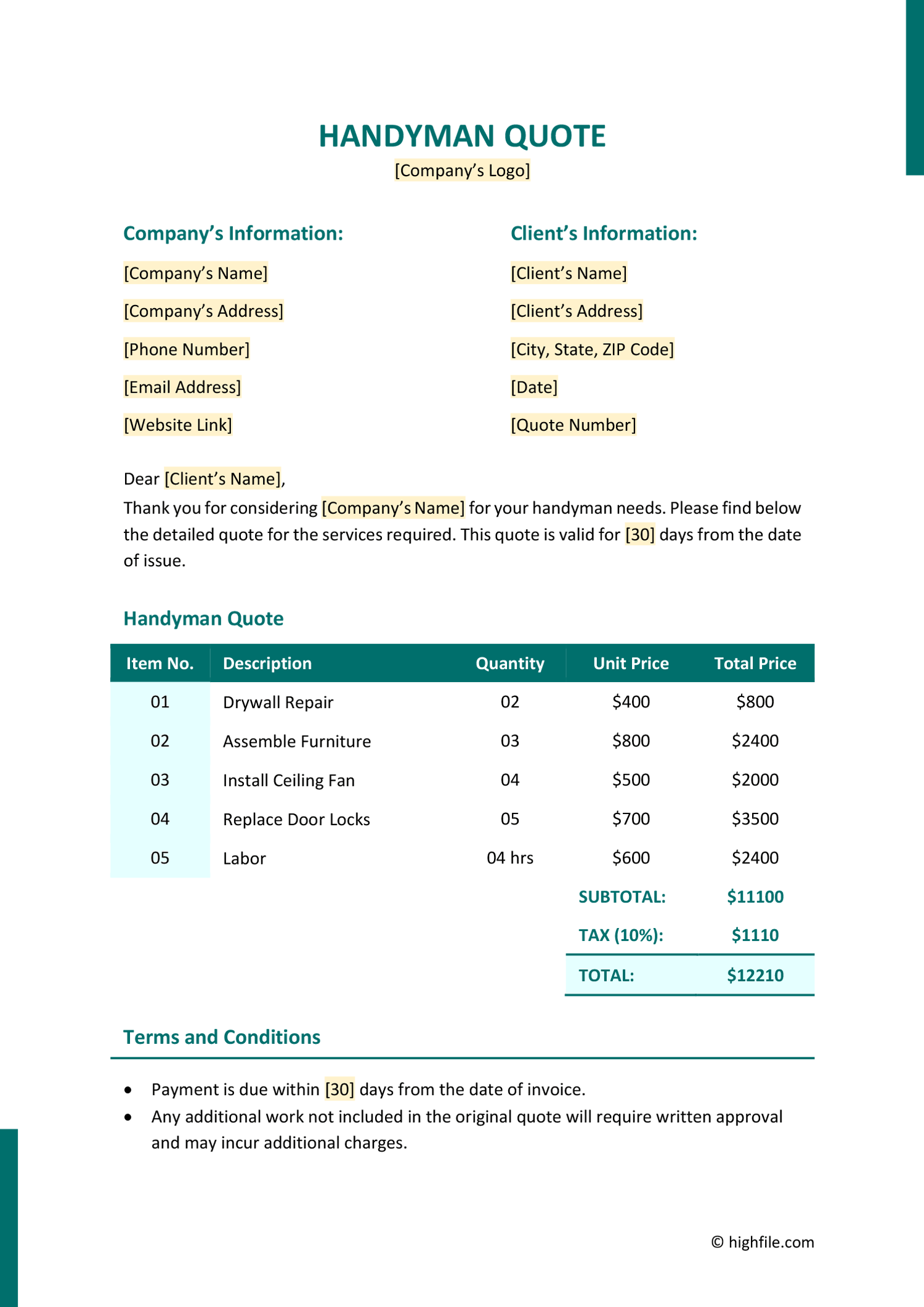 Free Handyman Quote Template Word Excel PDF Google Docs Free Handyman Quote Template Word Excel PDF Google Docs