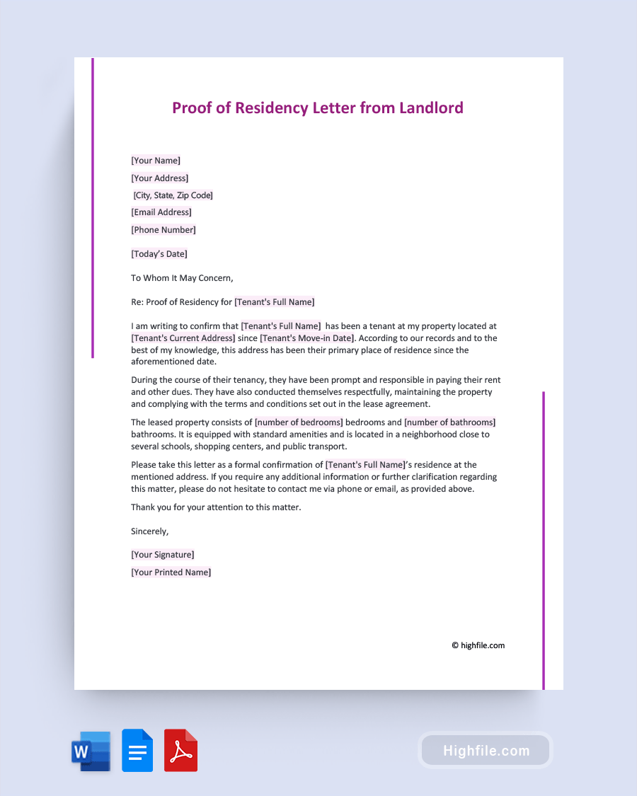 Proof of Residency Letter from Landlord - Word | PDF | Docs - Highfile