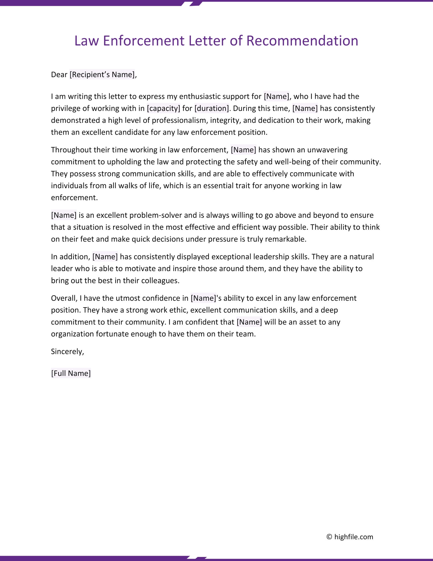 Law Enforcement Letter of Recommendation - Highfile