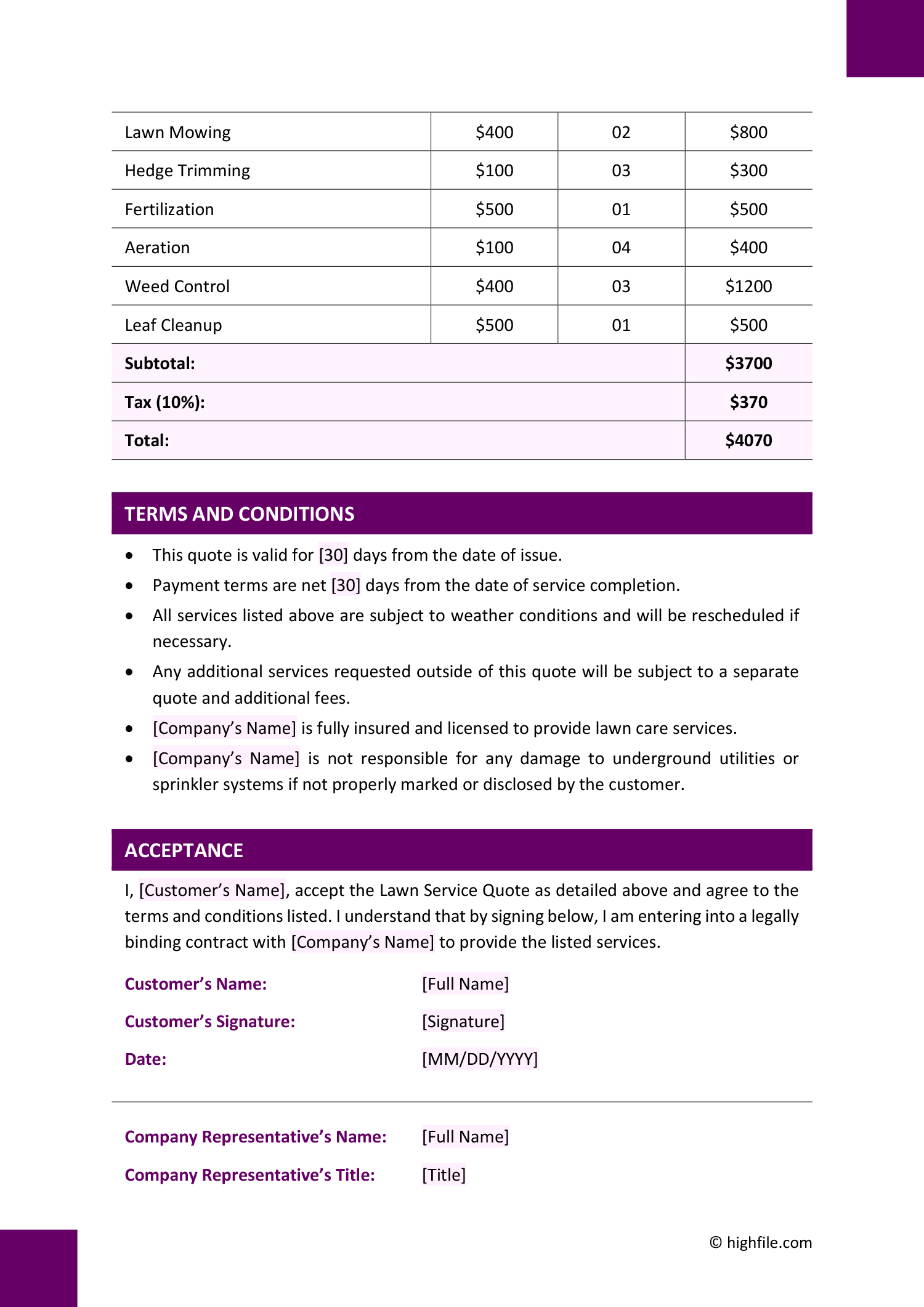 Lawn Service Quote Template Word Excel PDF Google Docs Google Lawn Service Quote Template Word Excel PDF Google Docs Google