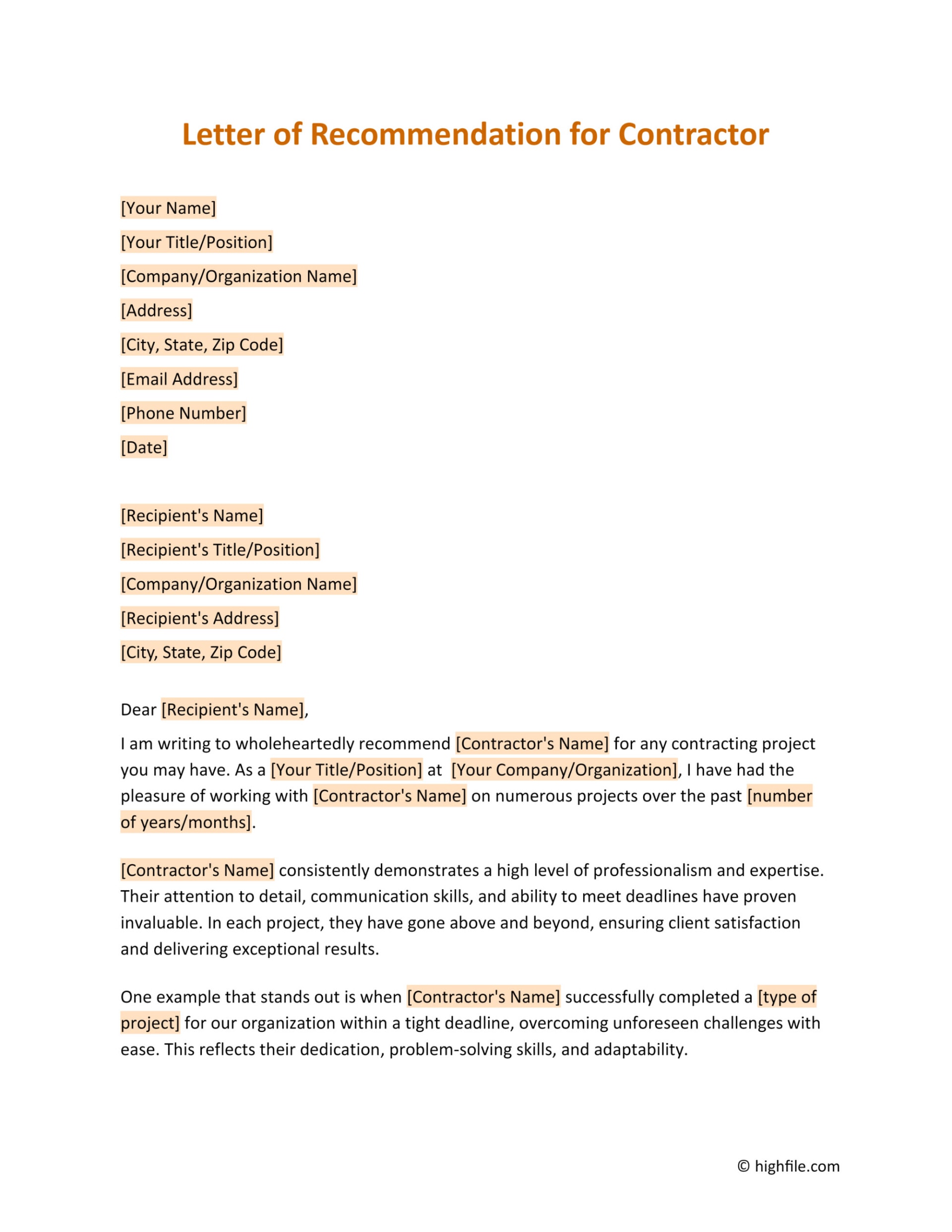 Letter of Recommendation for Contractor - Word | PDF | Google Docs