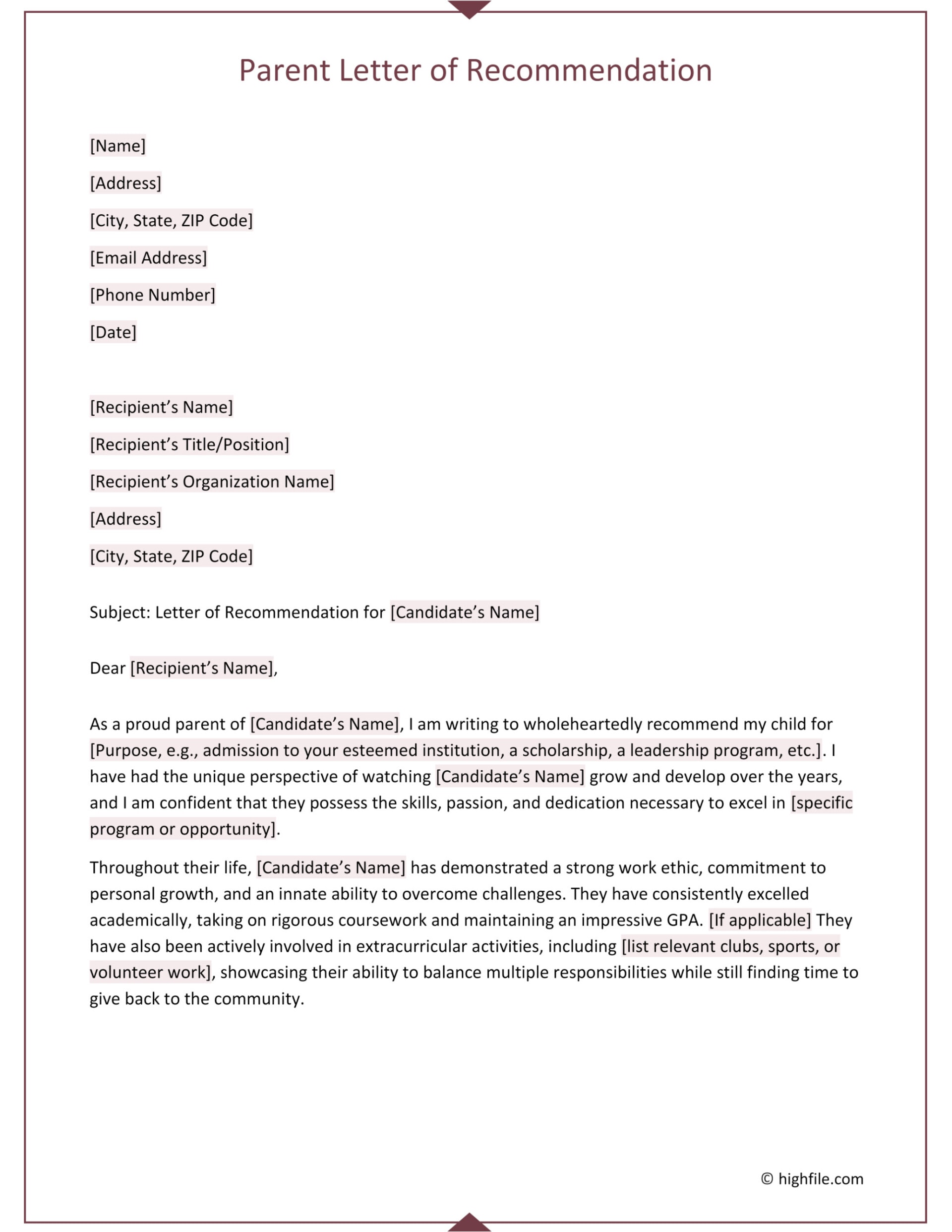 Parent Letter of Recommendation - Word | PDF | Google Docs - Highfile