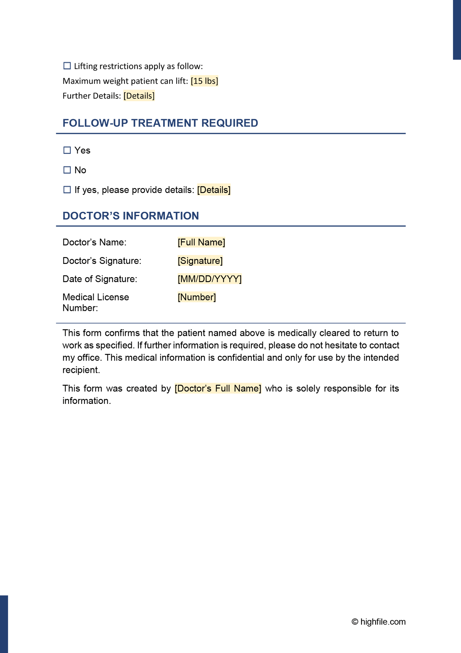 Return To Work Doctors Note - Word | PDF | Google Docs - Highfile