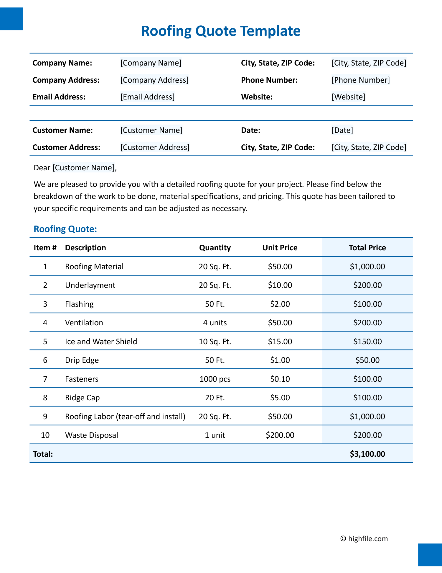 Roofing Quote Template - Word | Excel | PDF | Google Docs | Google ...