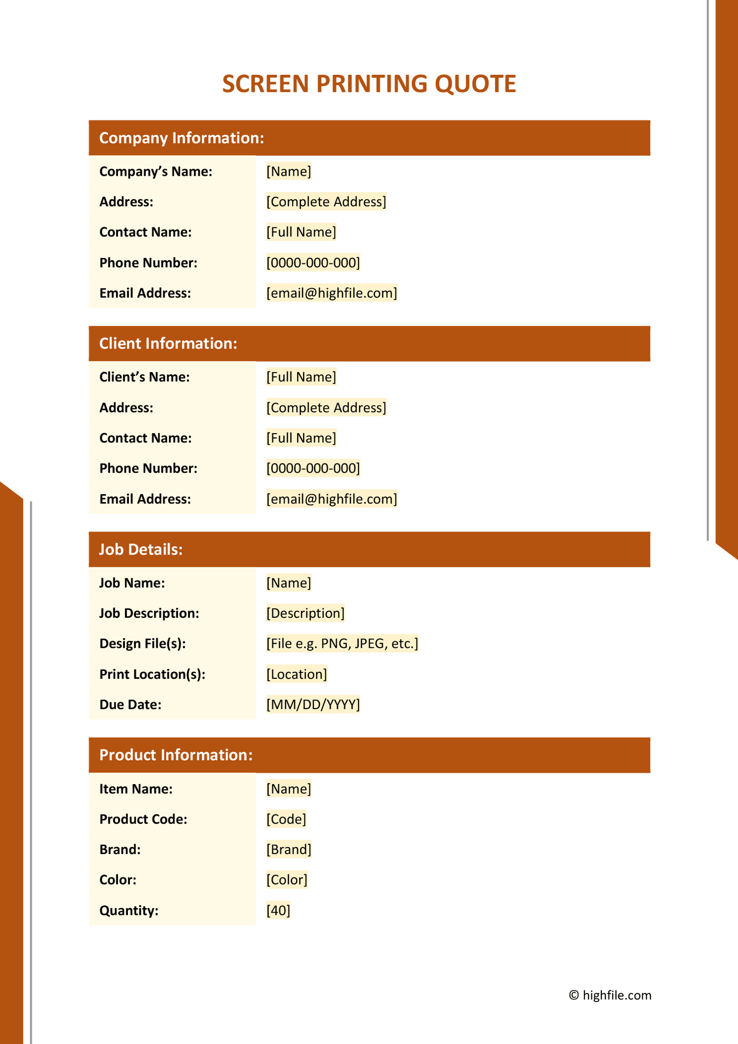 Screen Printing Quote Template Word Excel PDF Google Docs