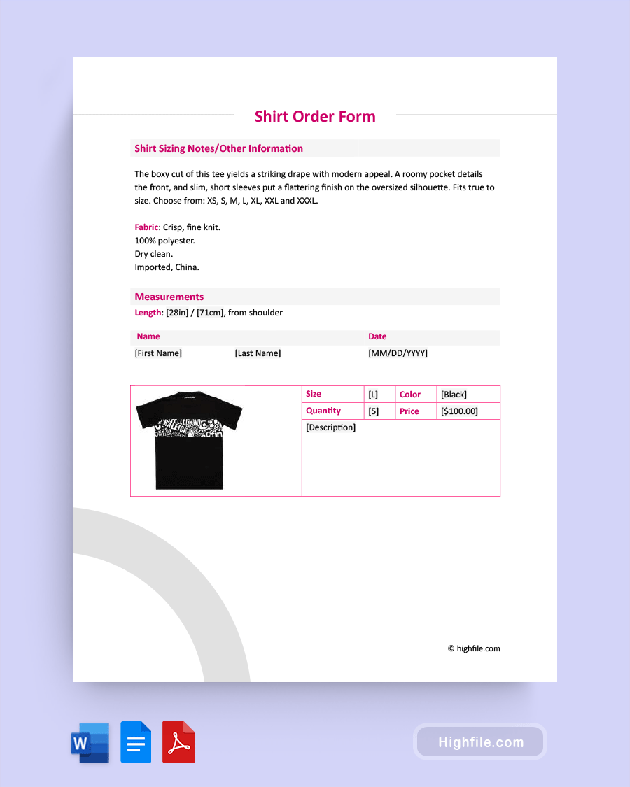 TShirt Order Form Template Word PDF Google Docs Highfile