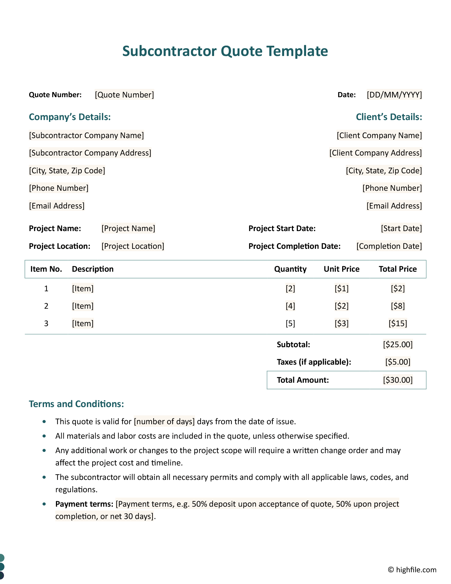 Subcontractor Quote Template Word PDF Excel Google Docs Subcontractor Quote Template Word PDF Excel Google Docs