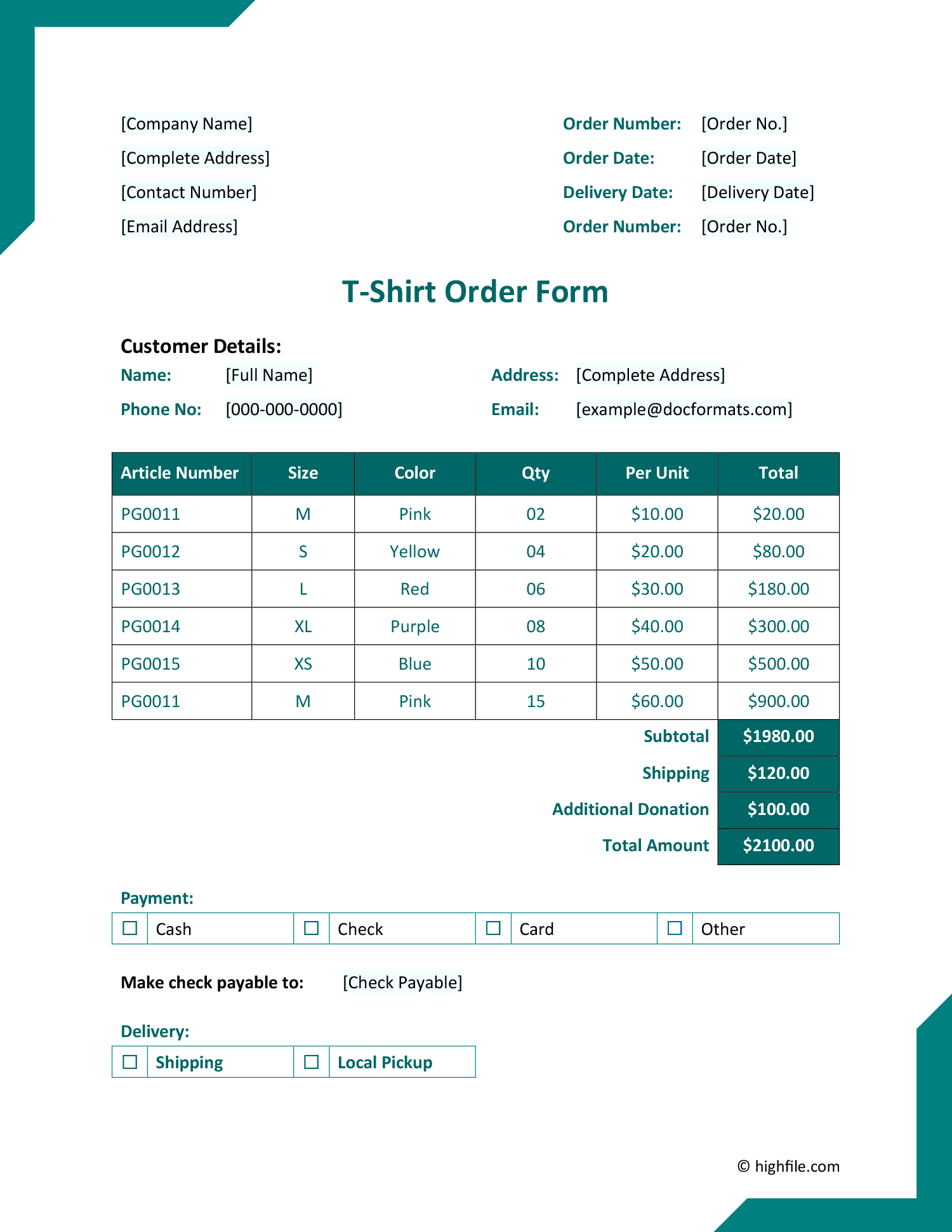TShirt Order Form Template Word PDF Google Docs Highfile