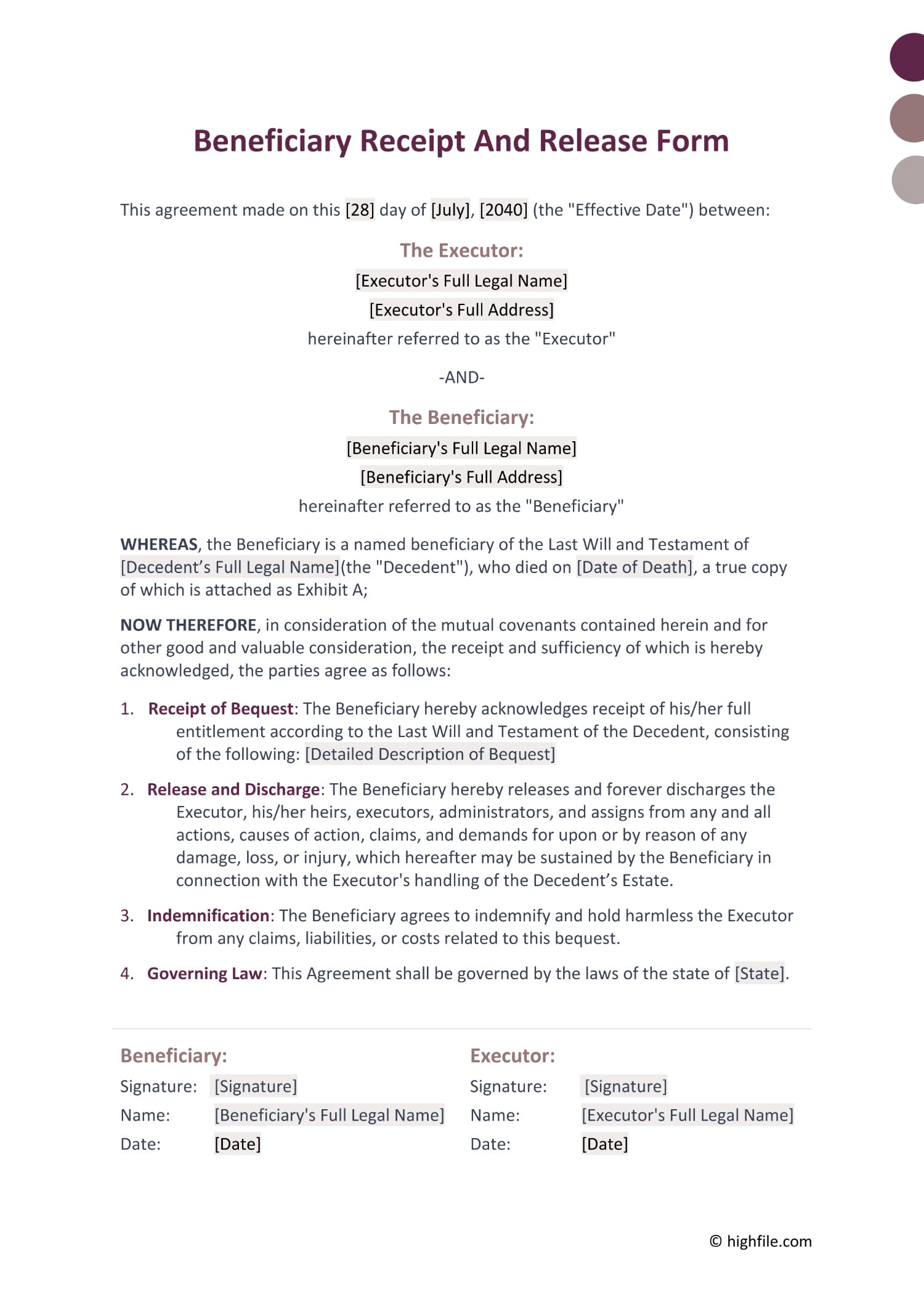 Beneficiary Receipt and Release Form - Google Docs | Word | PDF - Highfile for Free Printable Executor Of Estate Form Pdf