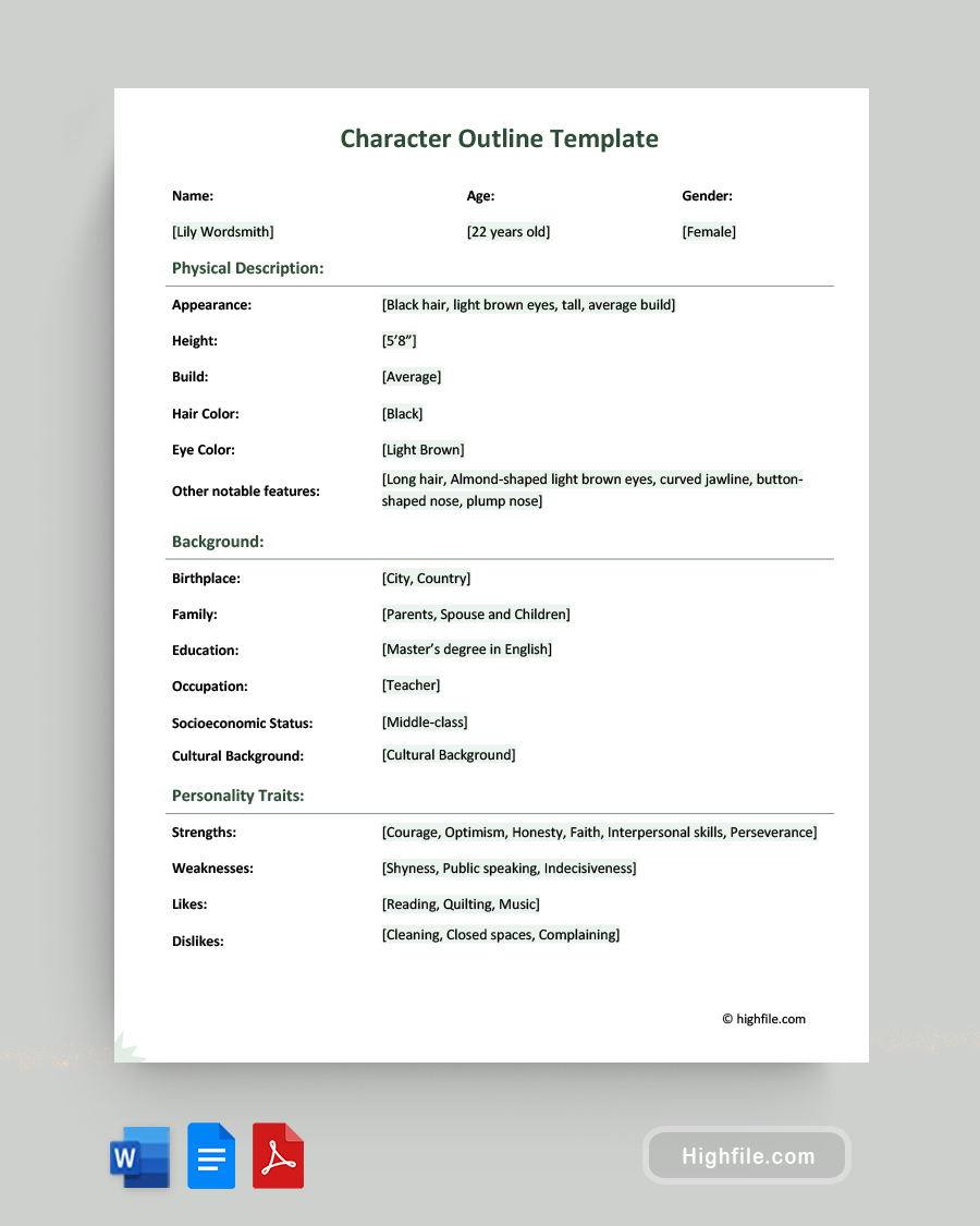 Character Outline Template - Word | PDF | Google Docs - Highfile