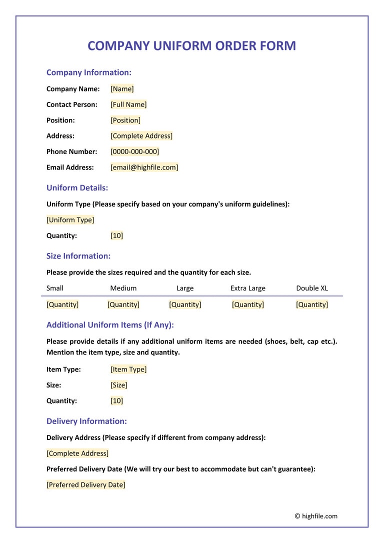 Employee Uniform Order Form Template Word PDF Google Docs Highfile Employee Uniform Order Form Template Word PDF Google Docs Highfile