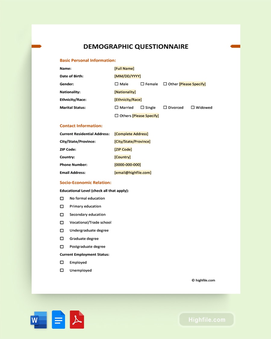 Demographic Questionnaire Template Word PDF Google Docs Highfile Demographic Questionnaire Template Word PDF Google Docs Highfile