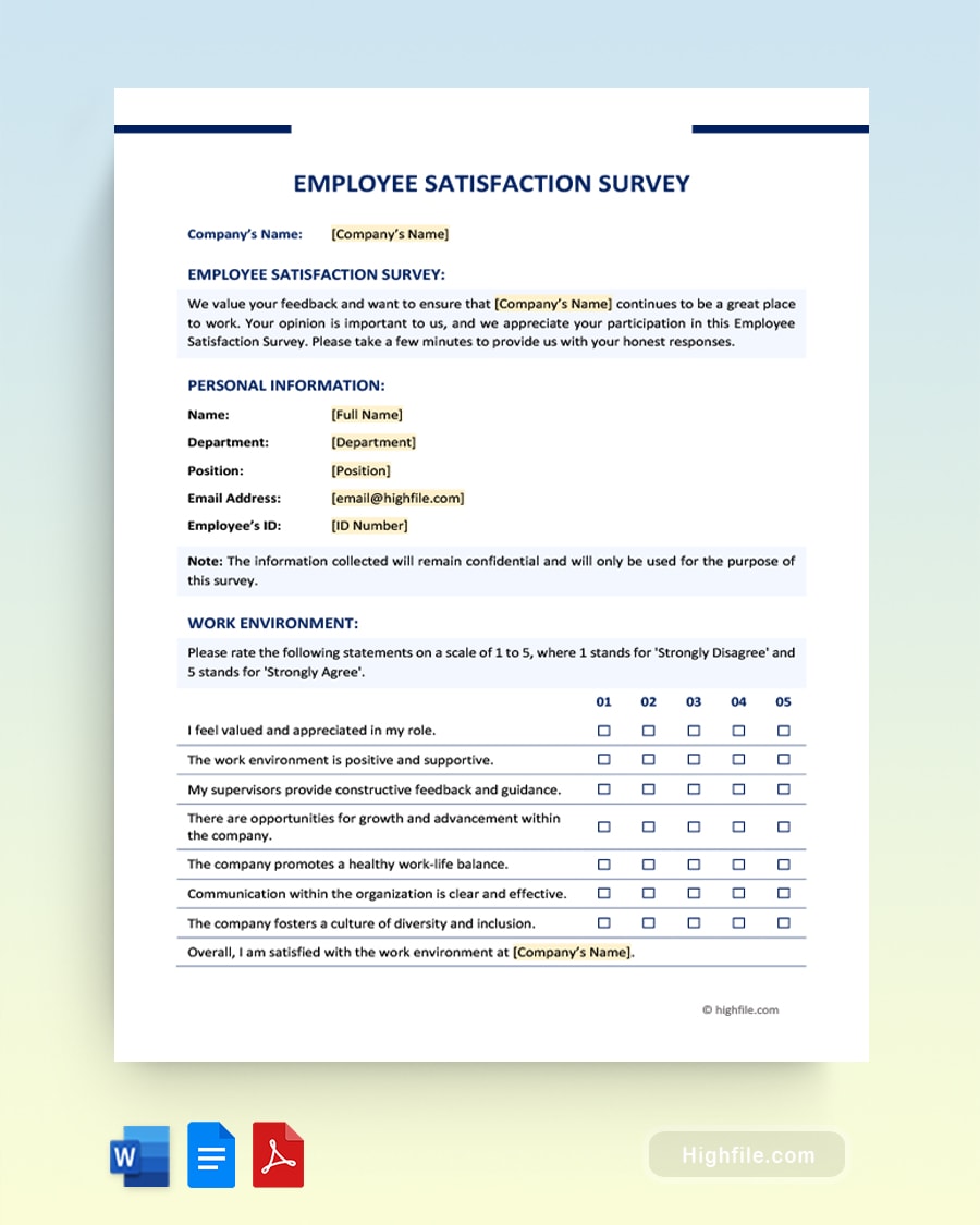 Employee Satisfaction Survey Template Word PDF Docs Highfile Employee Satisfaction Survey Template Word PDF Docs Highfile
