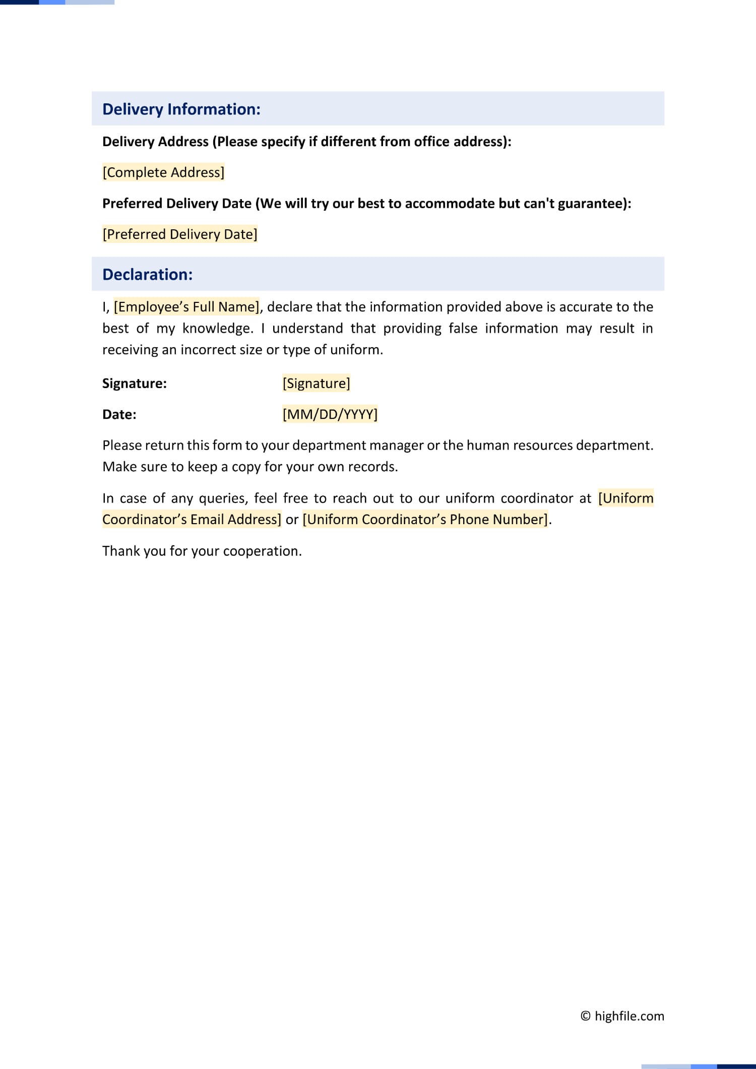 Employee Uniform Order Form Template Word PDF Google Docs Highfile Employee Uniform Order Form Template Word PDF Google Docs Highfile