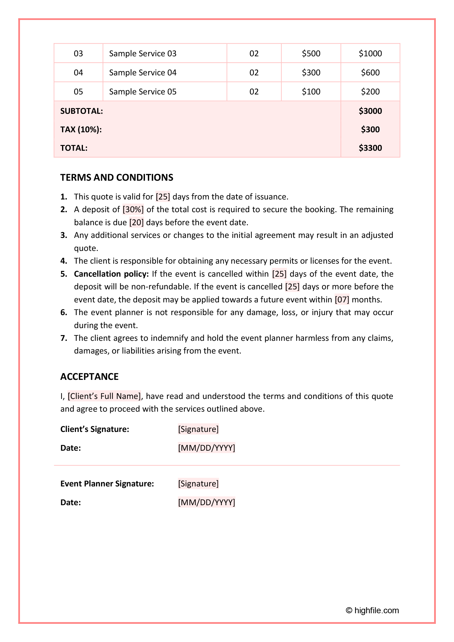 Free Event Planner Quote Template Highfile Free Event Planner Quote Template Highfile