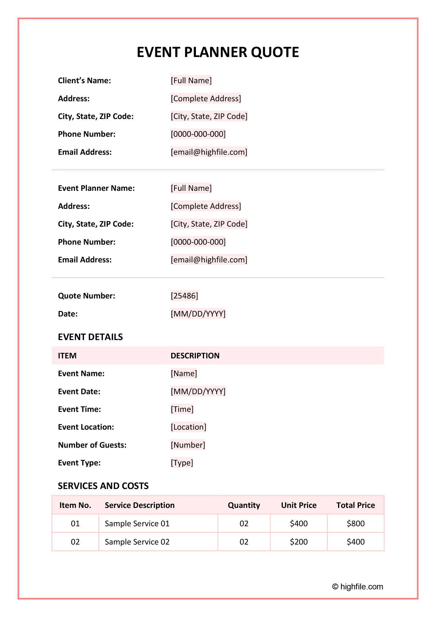 Free Event Planner Quote Template - Highfile
