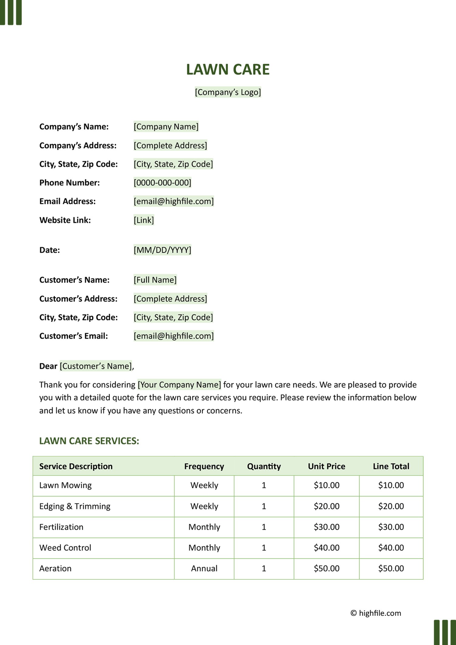 Lawn Care Price Quote Template Word PDF Google Docs Highfile Lawn Care Price Quote Template Word PDF Google Docs Highfile