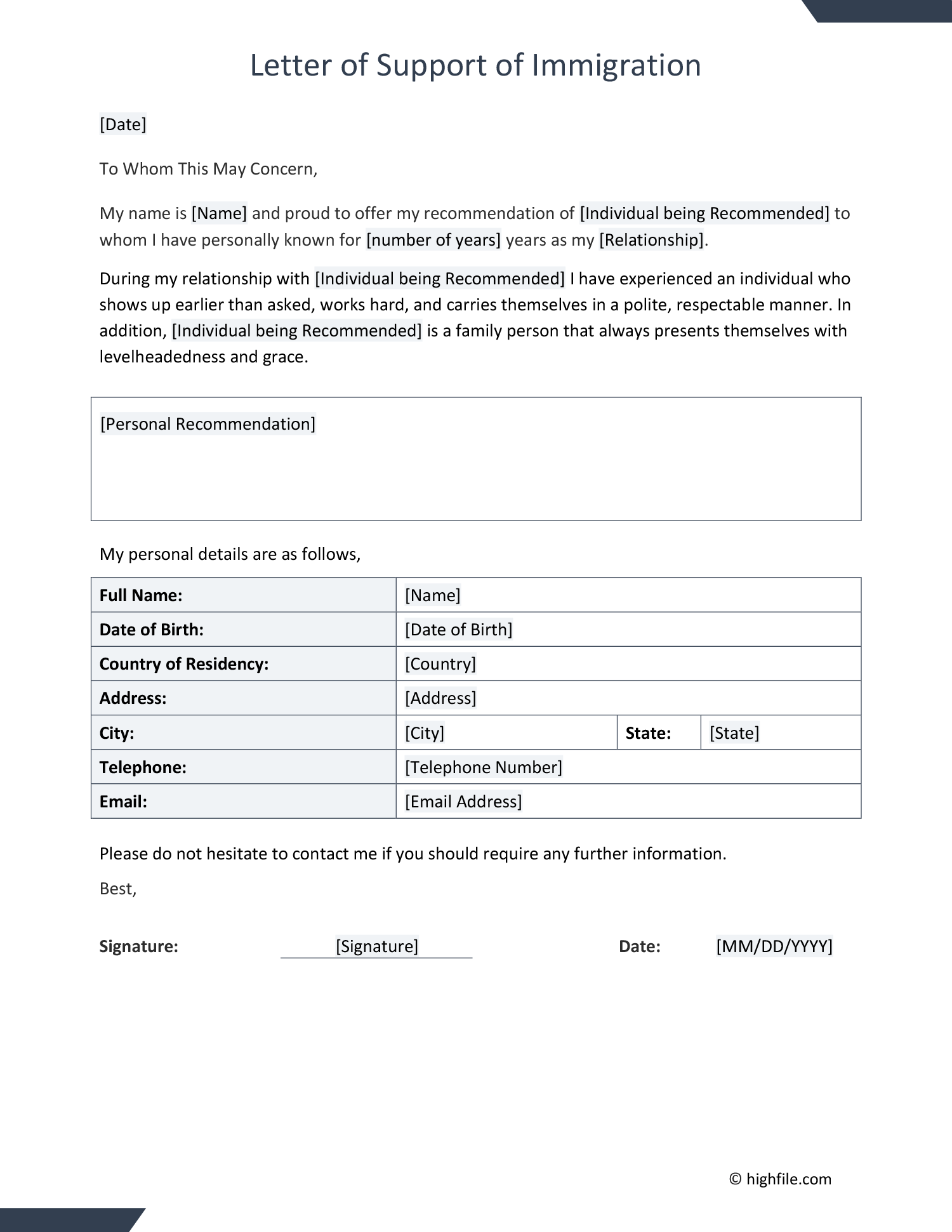 Letter of Support for Immigration Template Highfile