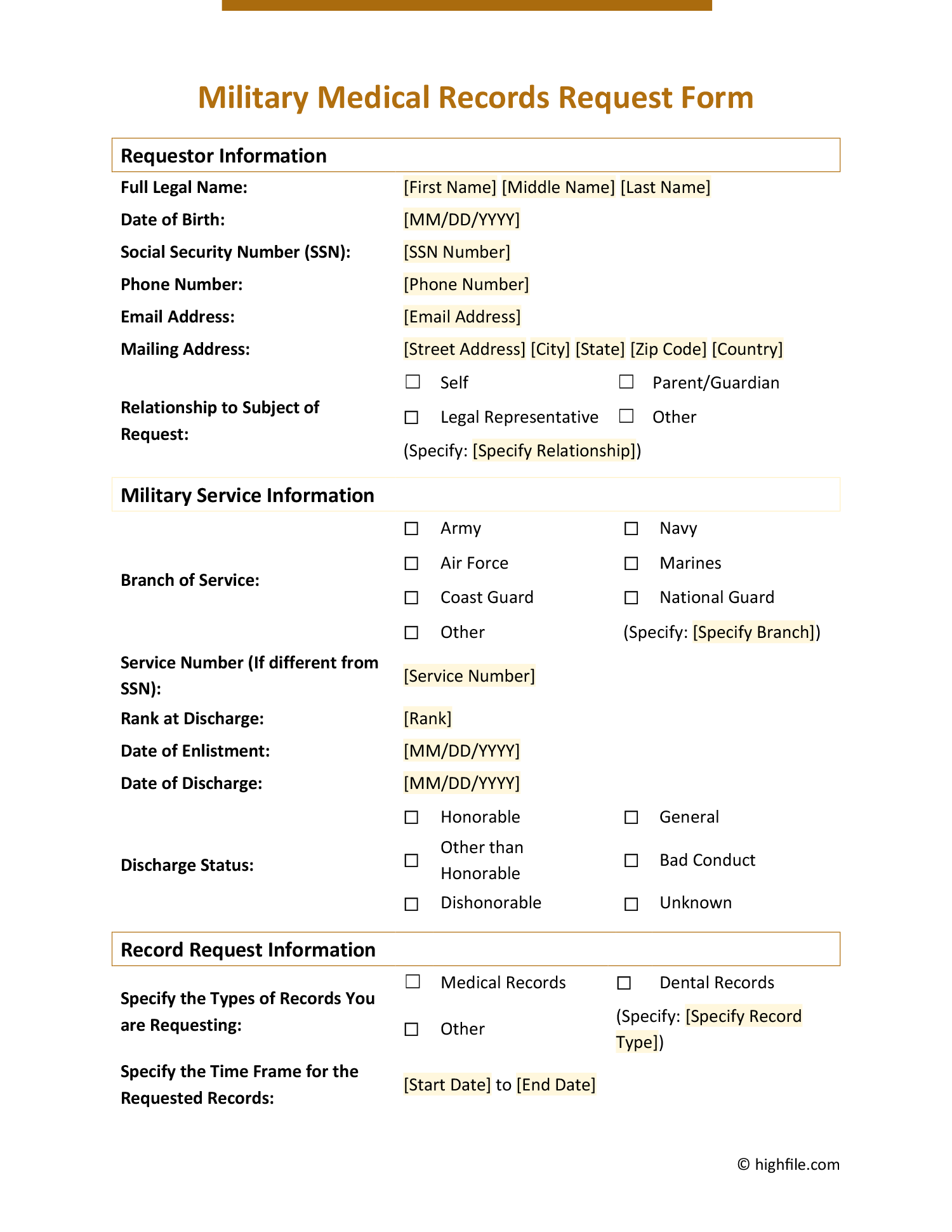 Military Medical Records Request Form Word PDF Google Docs Highfile
