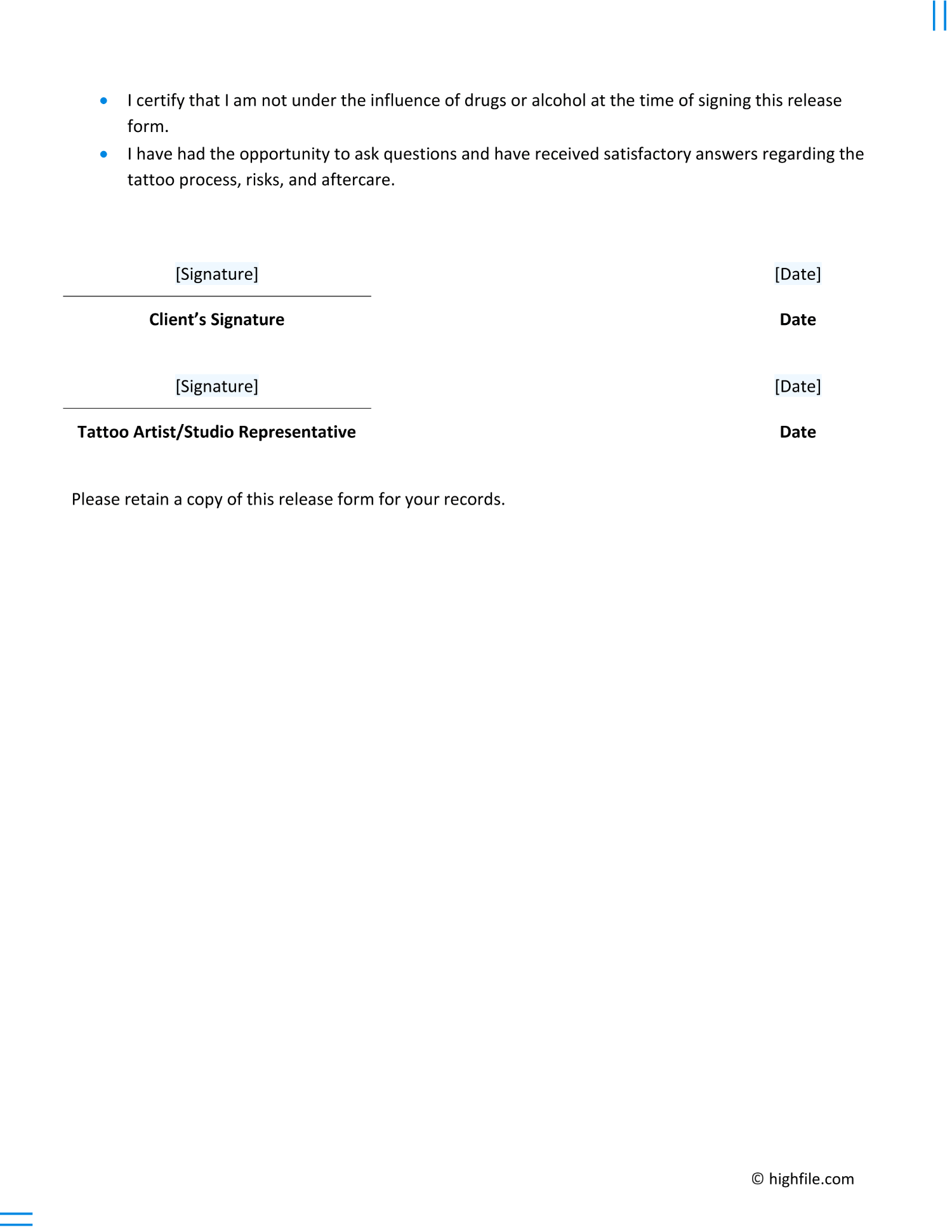 Tattoo Release Form Word PDF Google Docs Highfile Tattoo Release Form Word PDF Google Docs Highfile