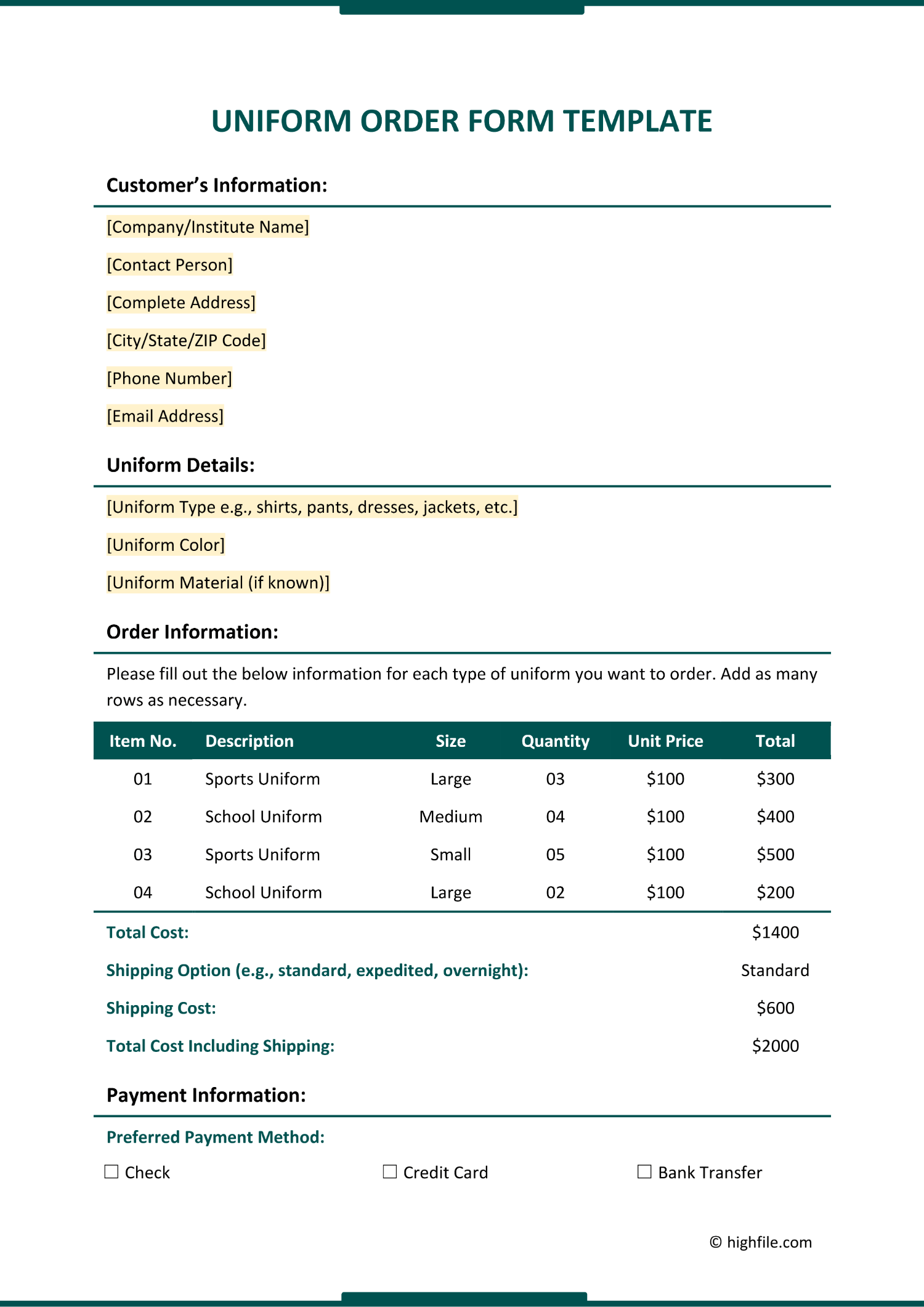 Employee Uniform Order Form Template Word PDF Google Docs Highfile Employee Uniform Order Form Template Word PDF Google Docs Highfile