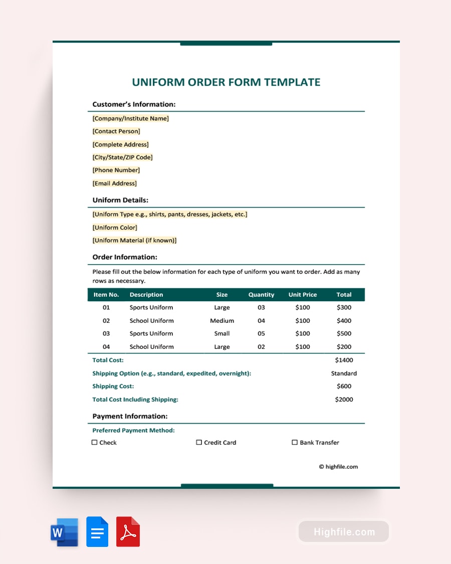 Free Employee Uniform Order Form Template Highfile