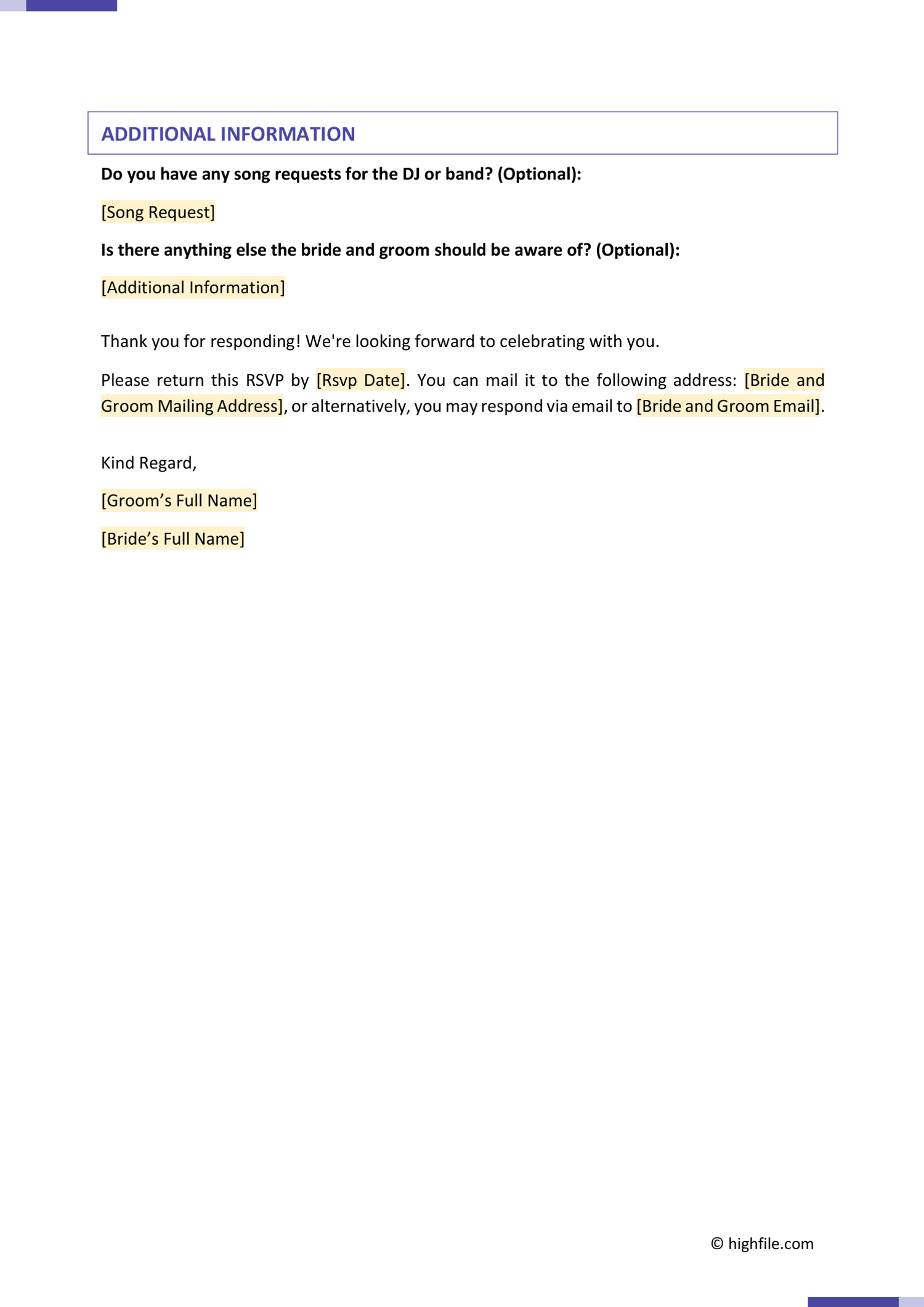 Wedding RSVP Form Word PDF Google Docs Highfile Wedding RSVP Form Word PDF Google Docs Highfile