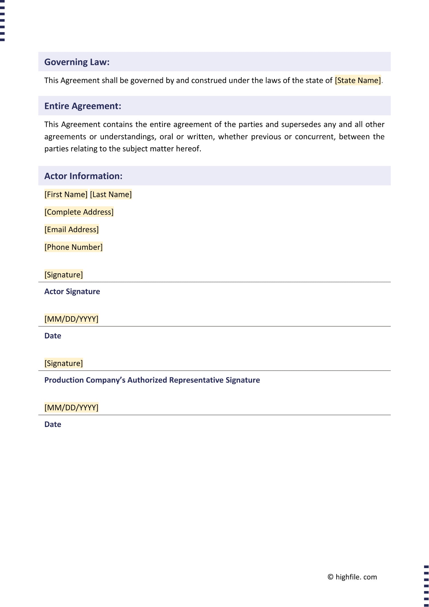 Actor Contract Template - Word | PDF | Google Docs - Highfile