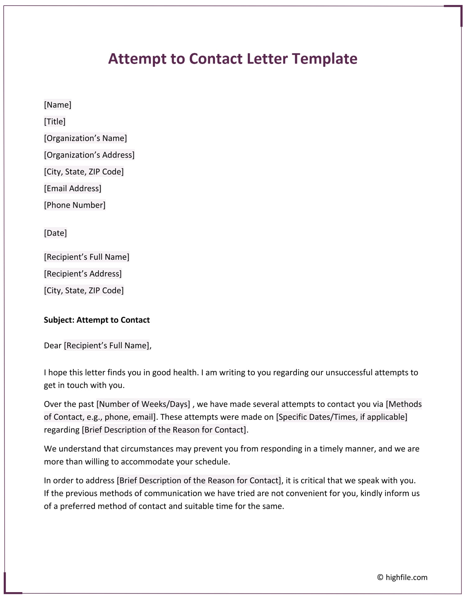 Attempt to Contact Letter Template Word PDF Google Docs Highfile Attempt to Contact Letter Template Word PDF Google Docs Highfile