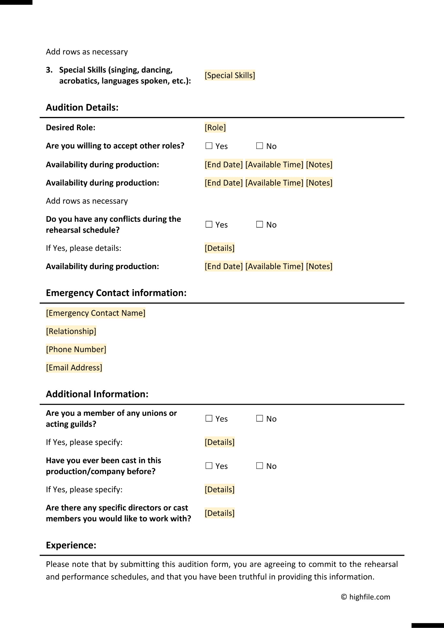 Audition Form Template Word PDF Google Docs Highfile Audition Form Template Word PDF Google Docs Highfile