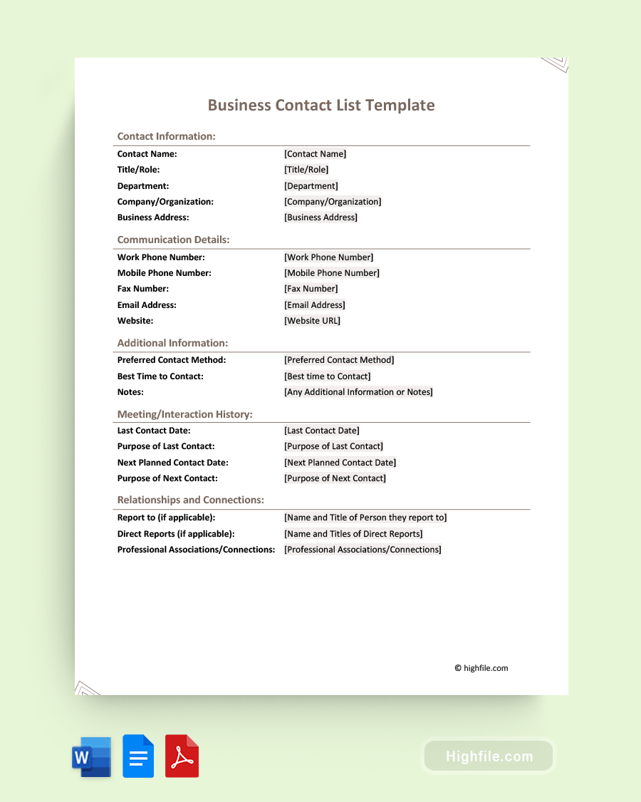 Client Contact Information Template Word PDF Google Docs Highfile