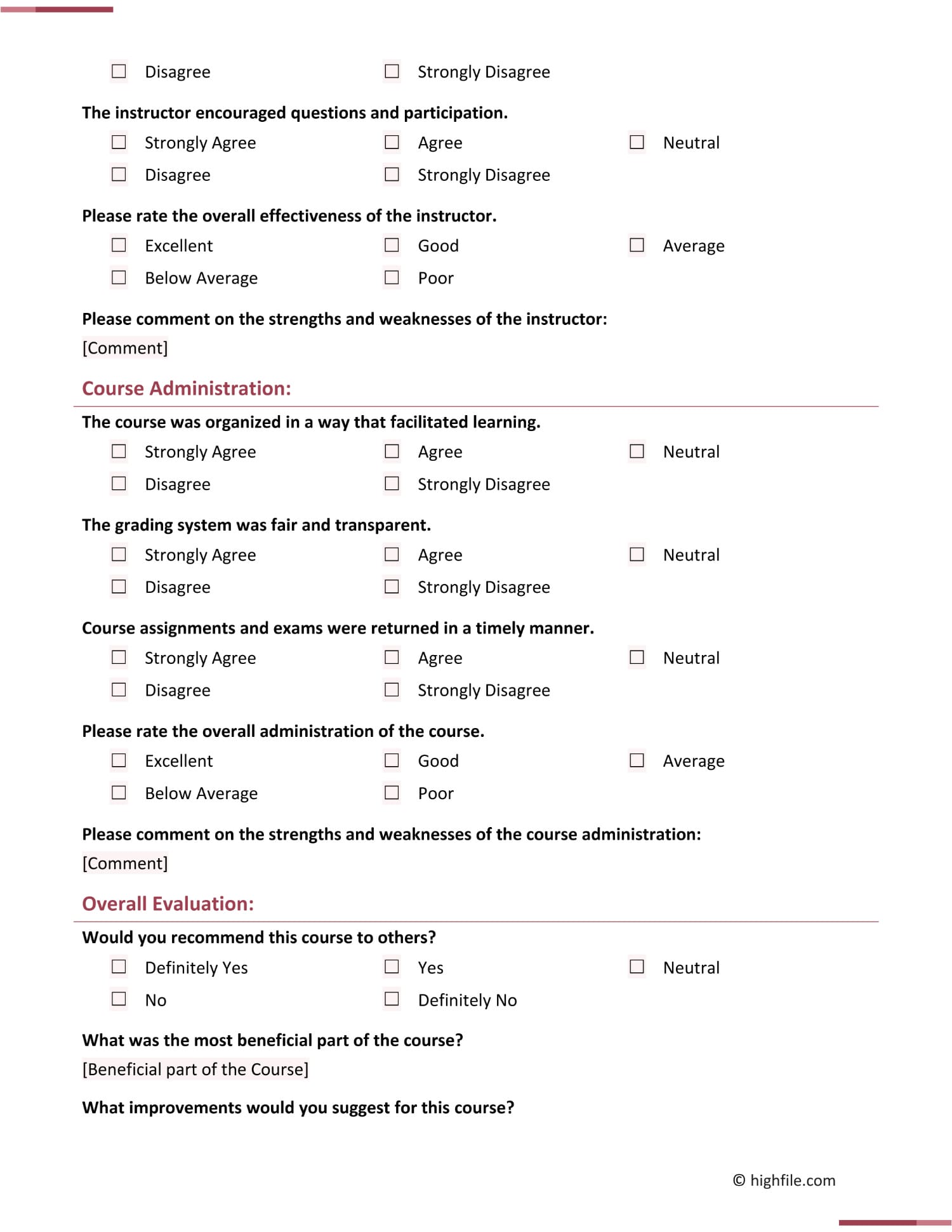 Course Evaluation Survey Template Word PDF Google Docs Highfile