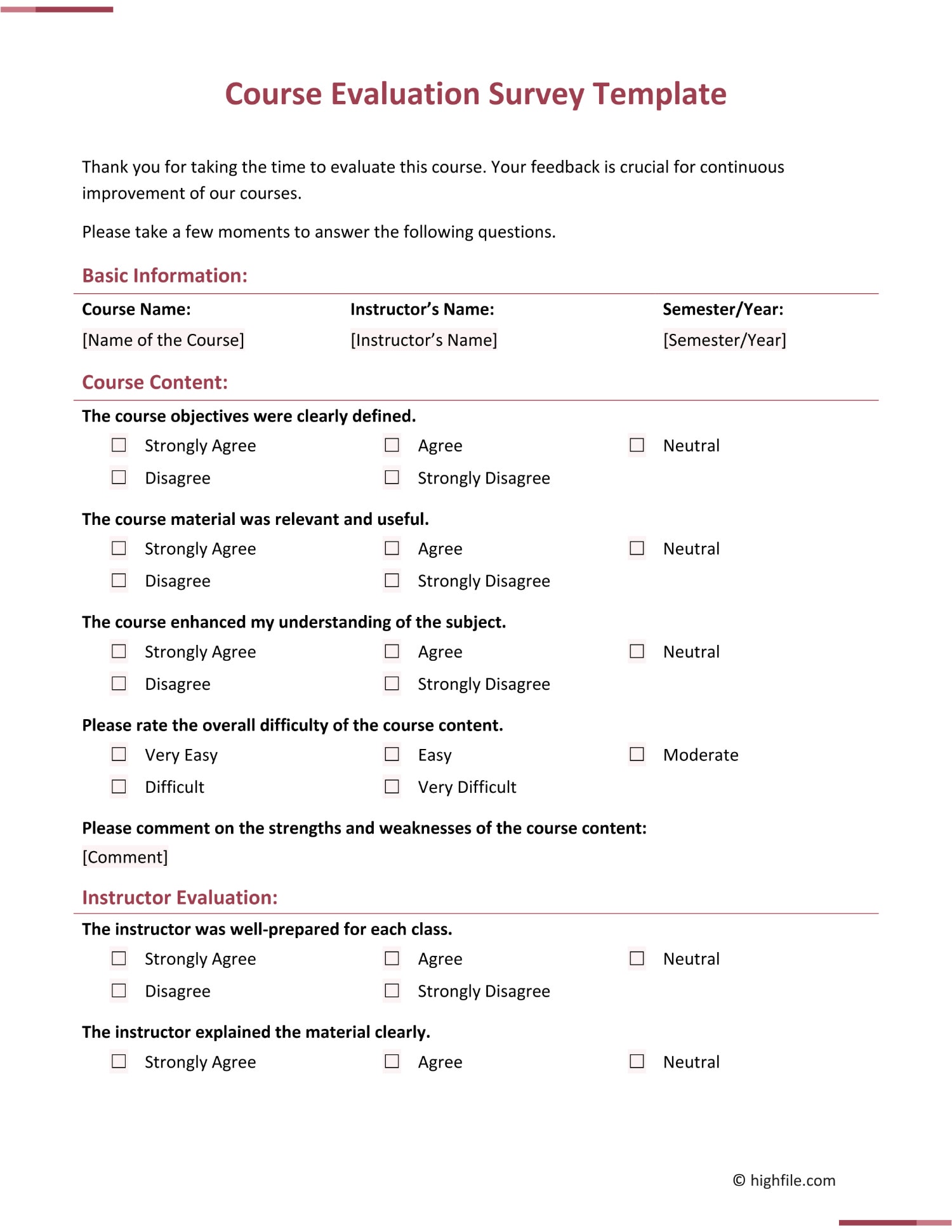 Course Evaluation Survey Template Word PDF Google Docs Highfile Course Evaluation Survey Template Word PDF Google Docs Highfile
