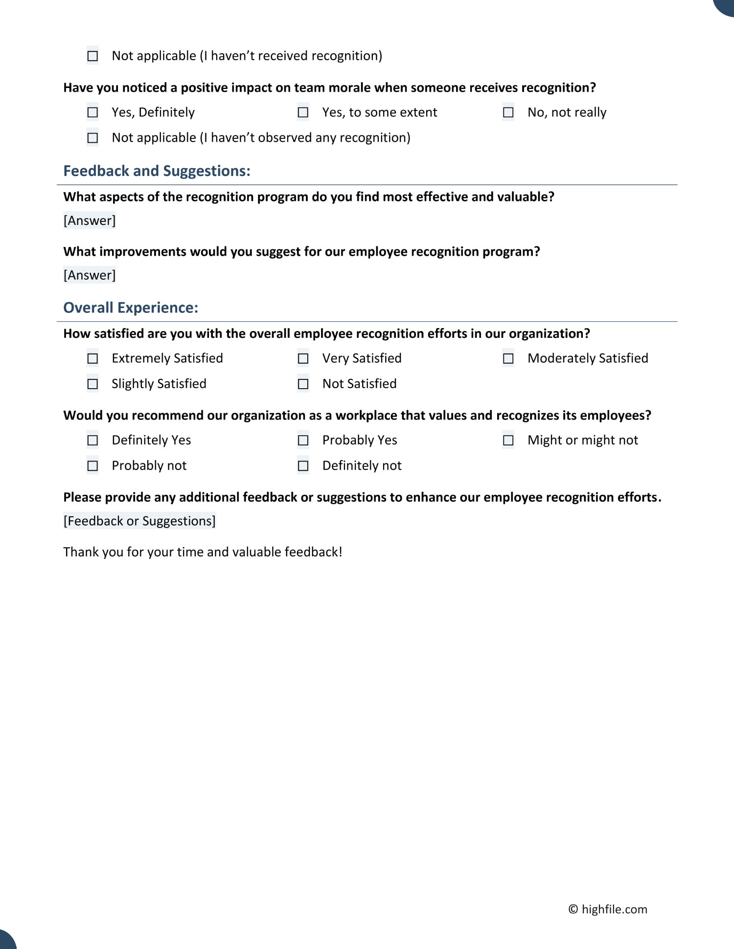 Employee Recognition Survey Template Word PDF Google Docs Highfile Employee Recognition Survey Template Word PDF Google Docs Highfile