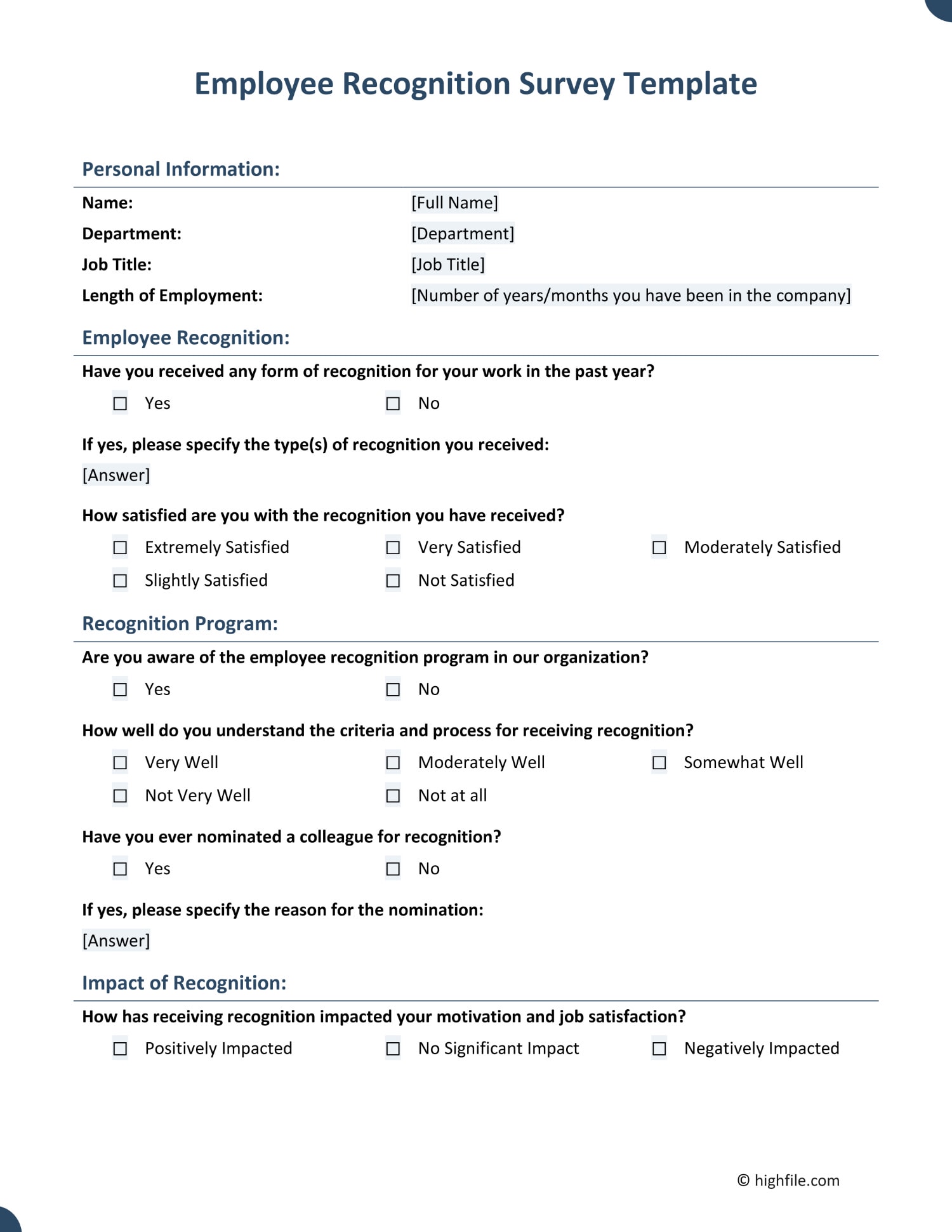 Employee Recognition Survey Template Word PDF Google Docs Highfile Employee Recognition Survey Template Word PDF Google Docs Highfile