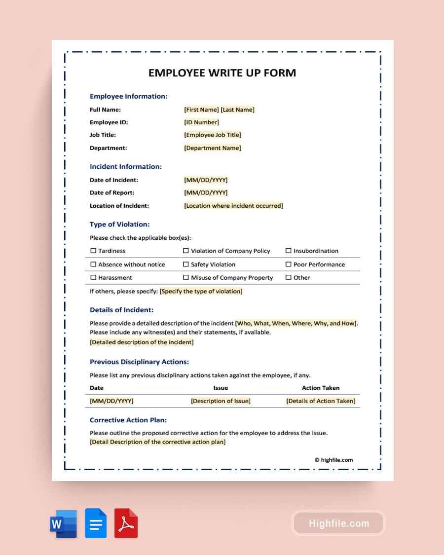Employee Write Up Form - Word | PDF | Google Docs - Highfile