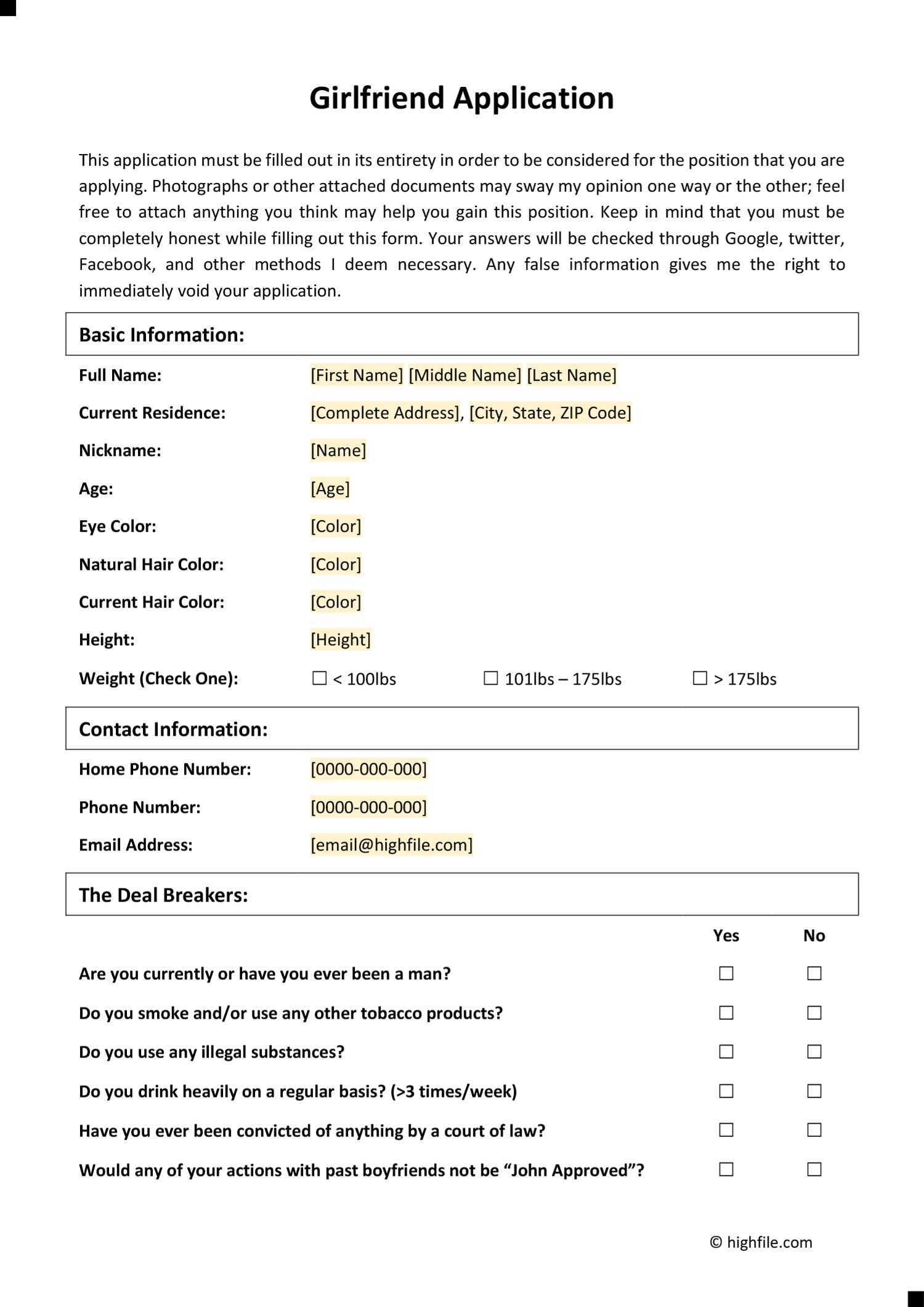 Girlfriend Application Form Word PDF Google Docs Highfile Girlfriend Application Form Word PDF Google Docs Highfile