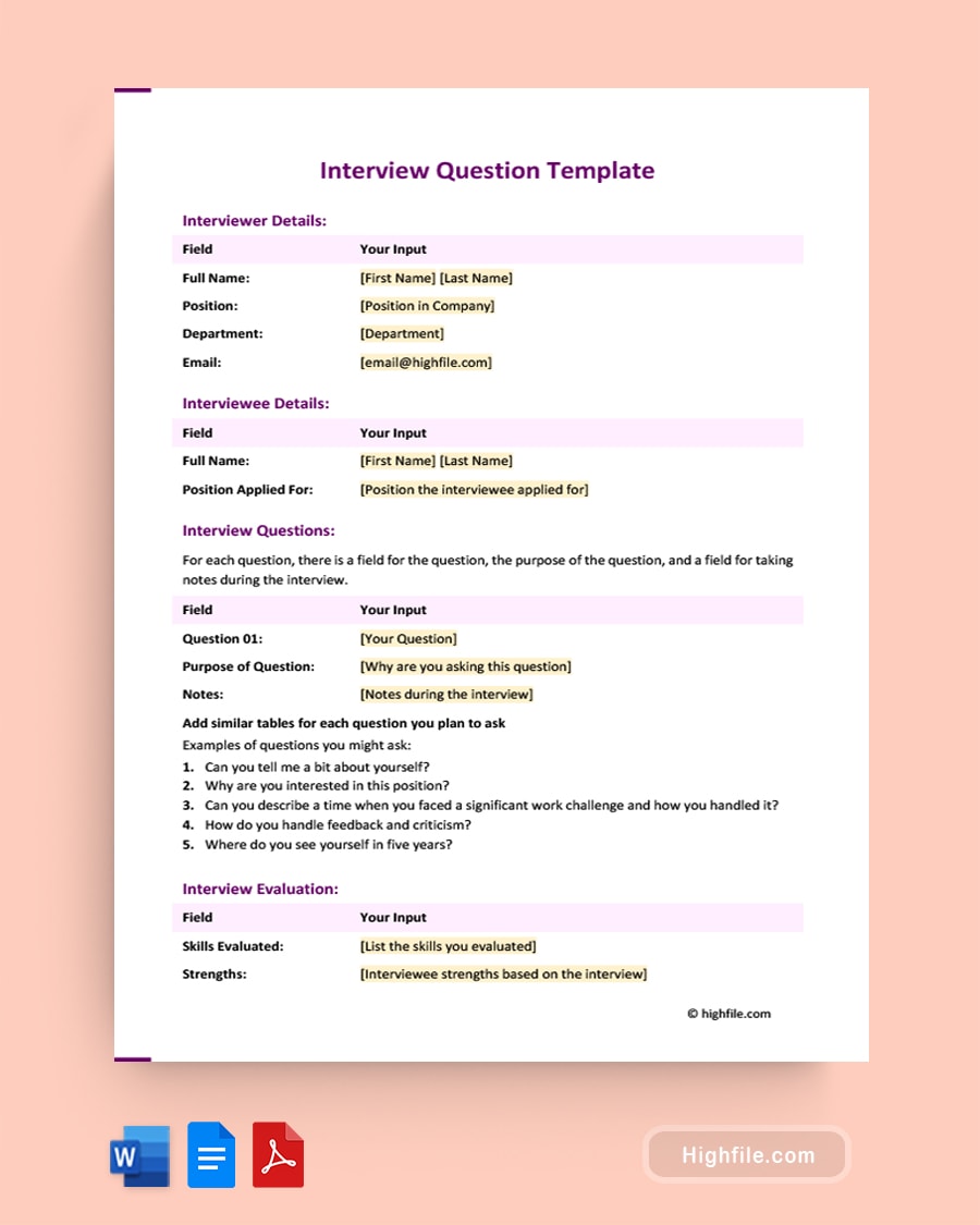 Interview Question Template Word PDF Google Docs Highfile Interview Question Template Word PDF Google Docs Highfile