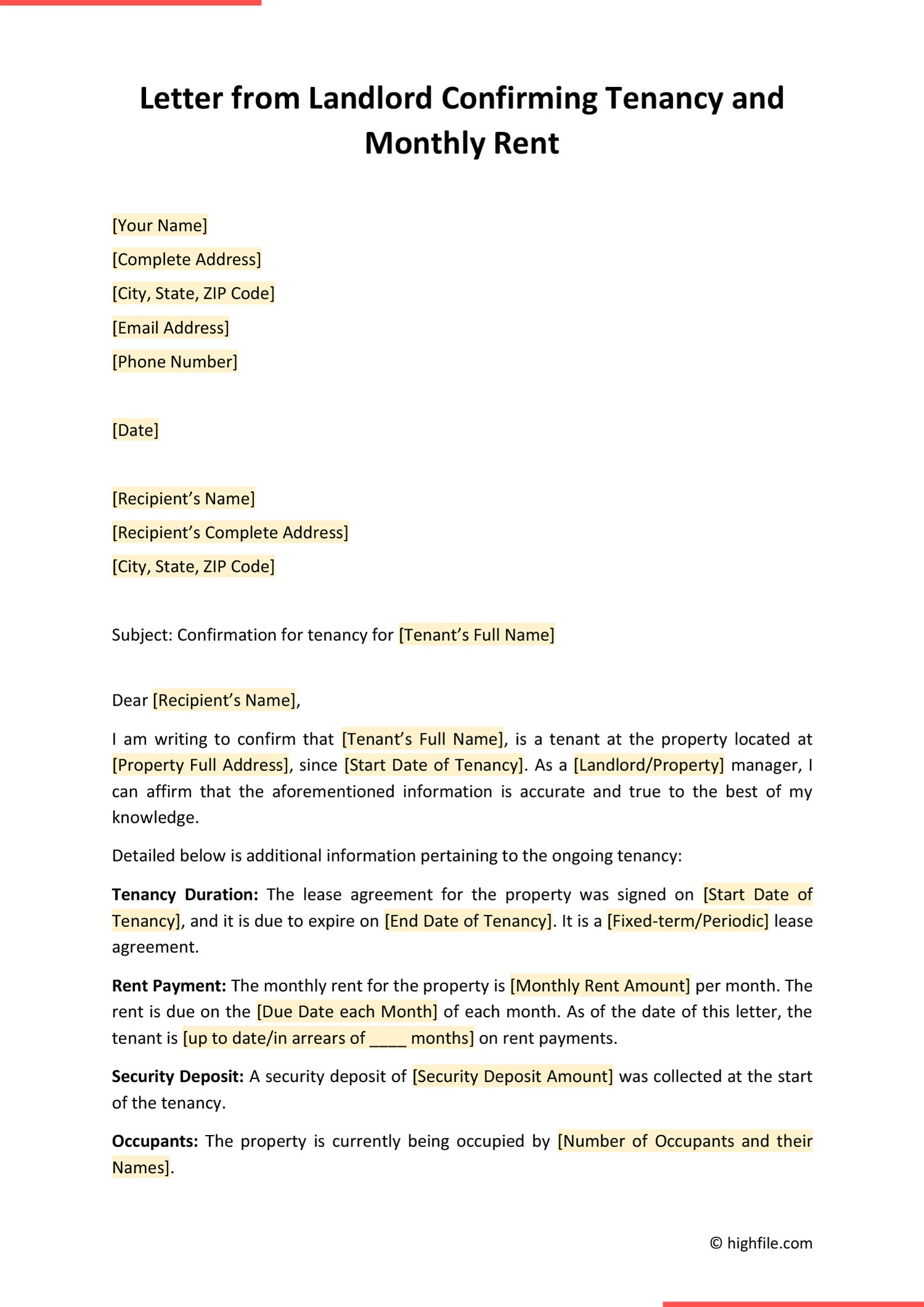 Letter from Landlord Confirming Tenancy and Monthly Rent Highfile Letter from Landlord Confirming Tenancy and Monthly Rent Highfile