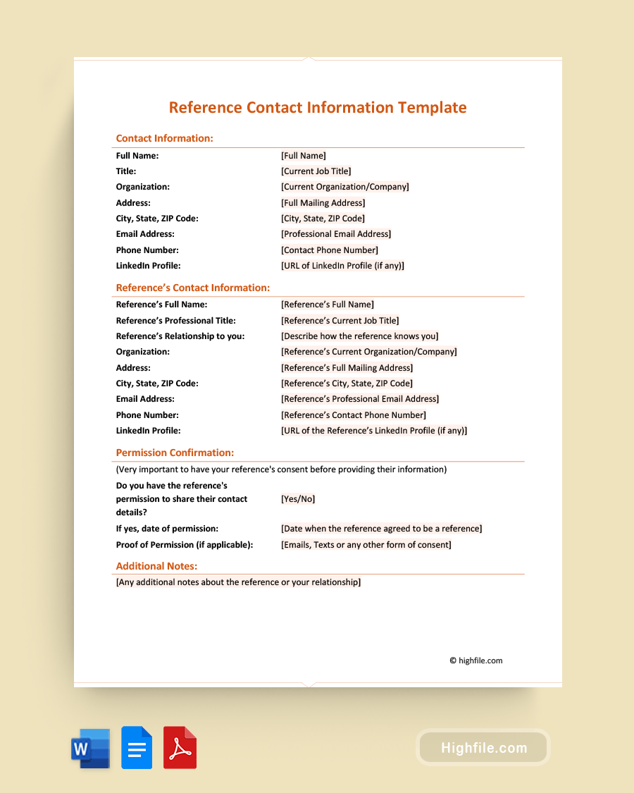 Reference Contact Information Template Word PDF Google Docs Reference Contact Information Template Word PDF Google Docs
